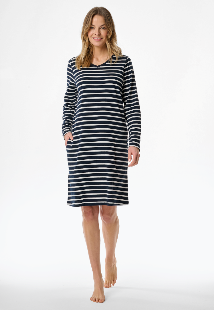 SCHIESSER dames Cotton Essentials Nachthemd lang, dames nachthemd, nachtblauw gestreept