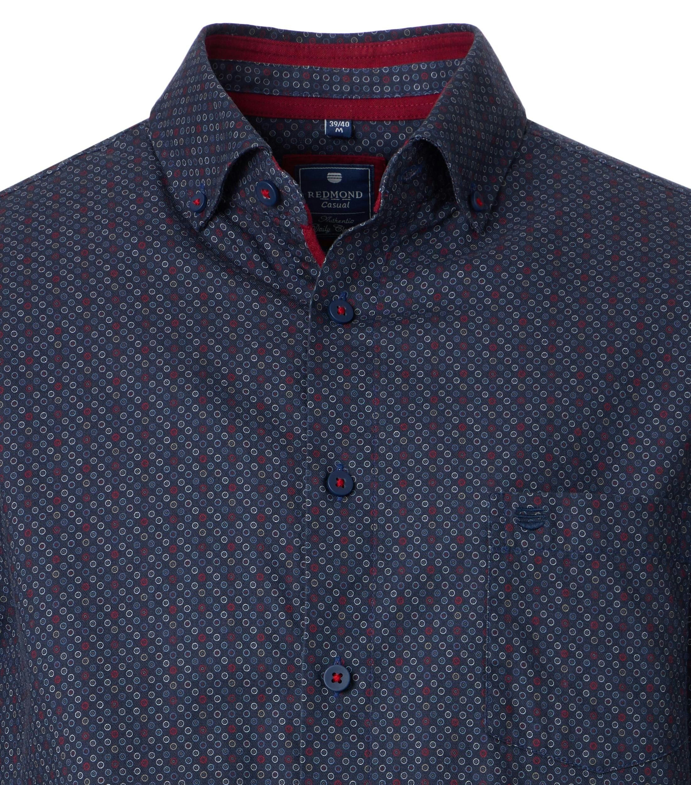 Redmond modern fit overhemd, popeline, donkerblauw met rood, wit en lichtblauw dessin