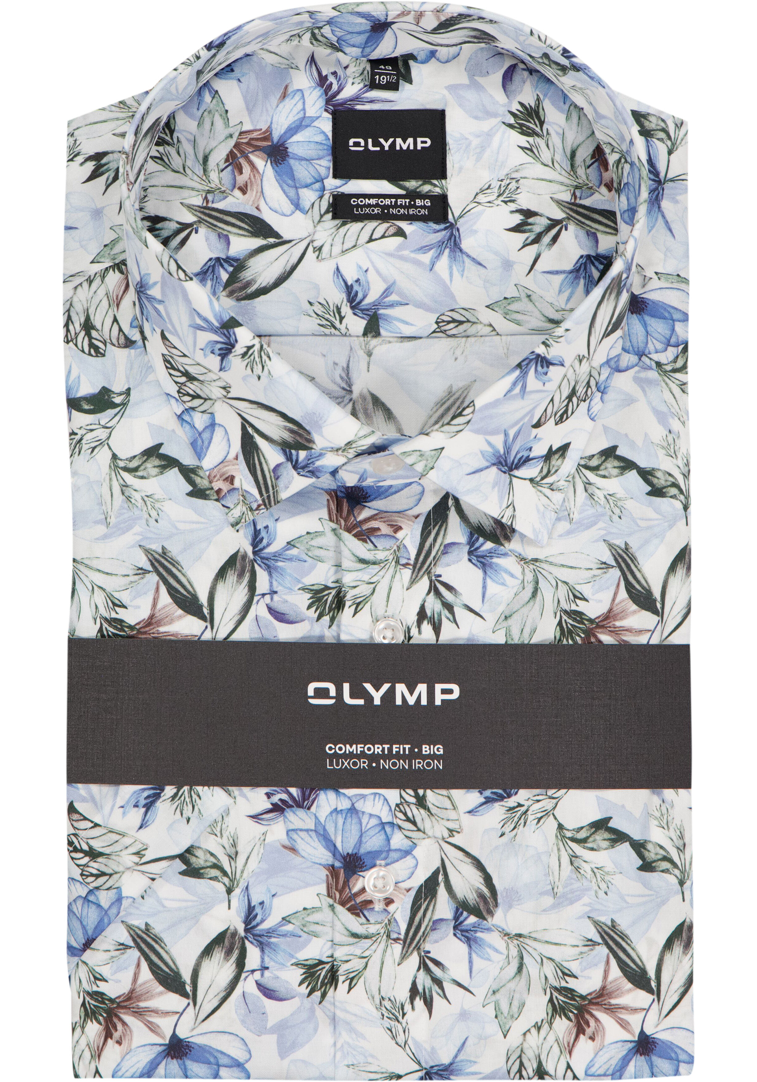 OLYMP Luxor comfort fit Big overhemd, korte mouw, dobby, wit met blauw en groen bloemen dessin