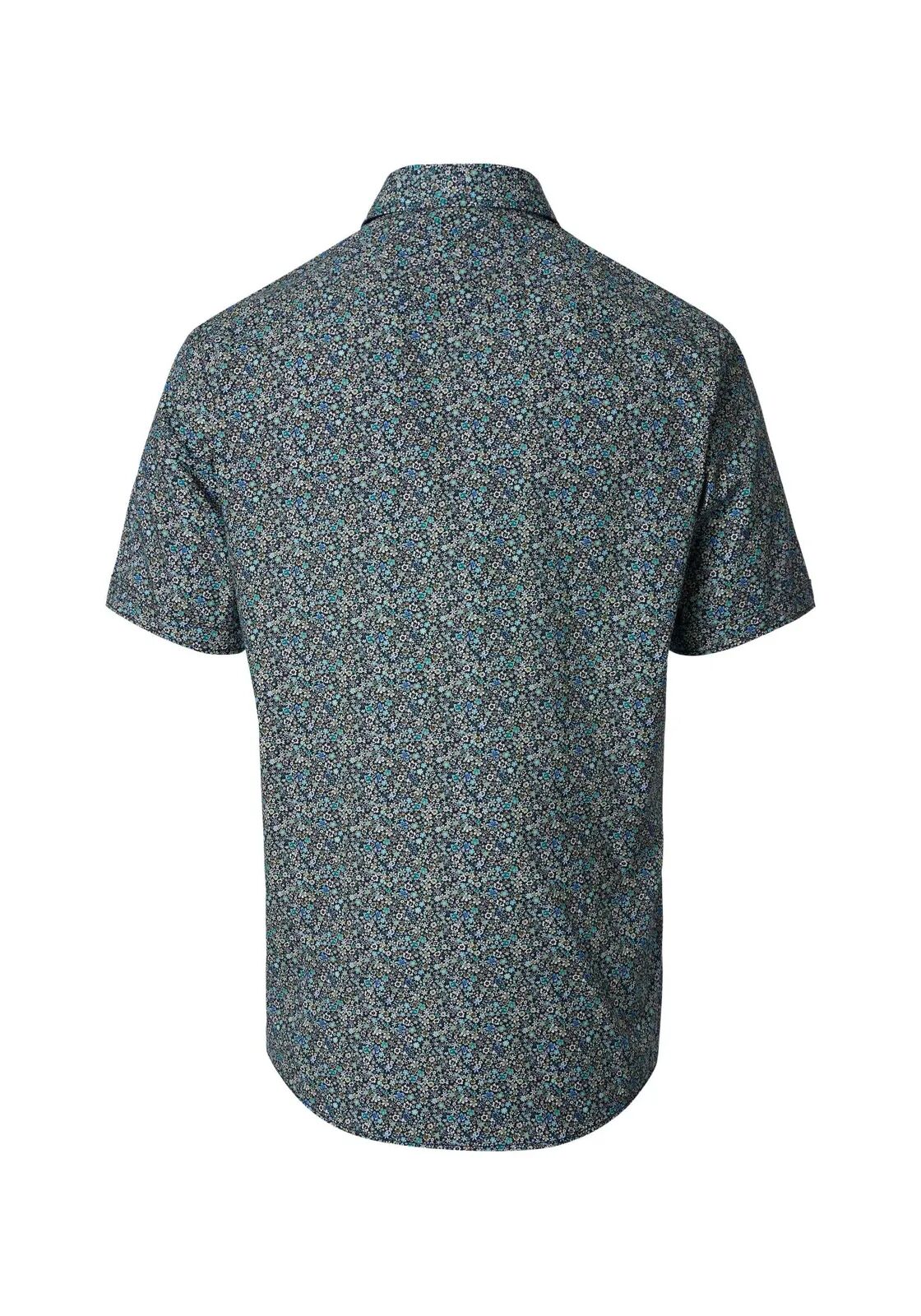 CASA MODA Sport casual fit overhemd, korte mouw, popeline, blauw met groen en grijs fijn bloemetjes dessin