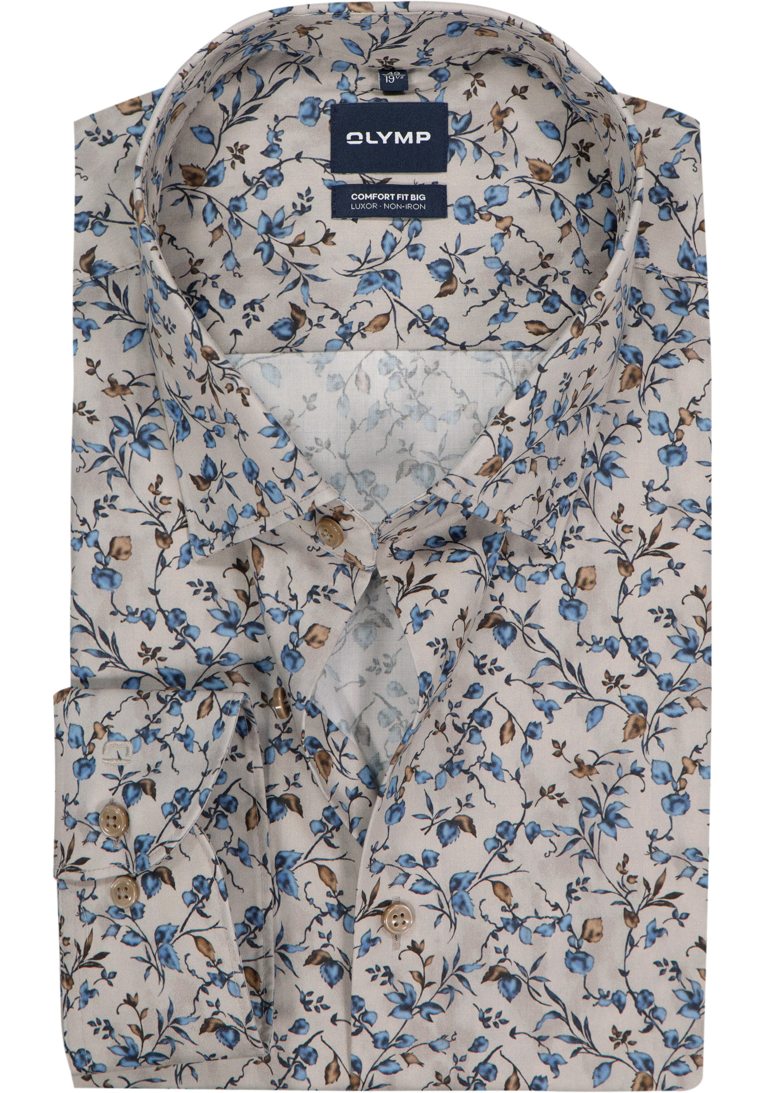 OLYMP Luxor comfort fit Big overhemd, dobby, beige met blauw en groen dessin