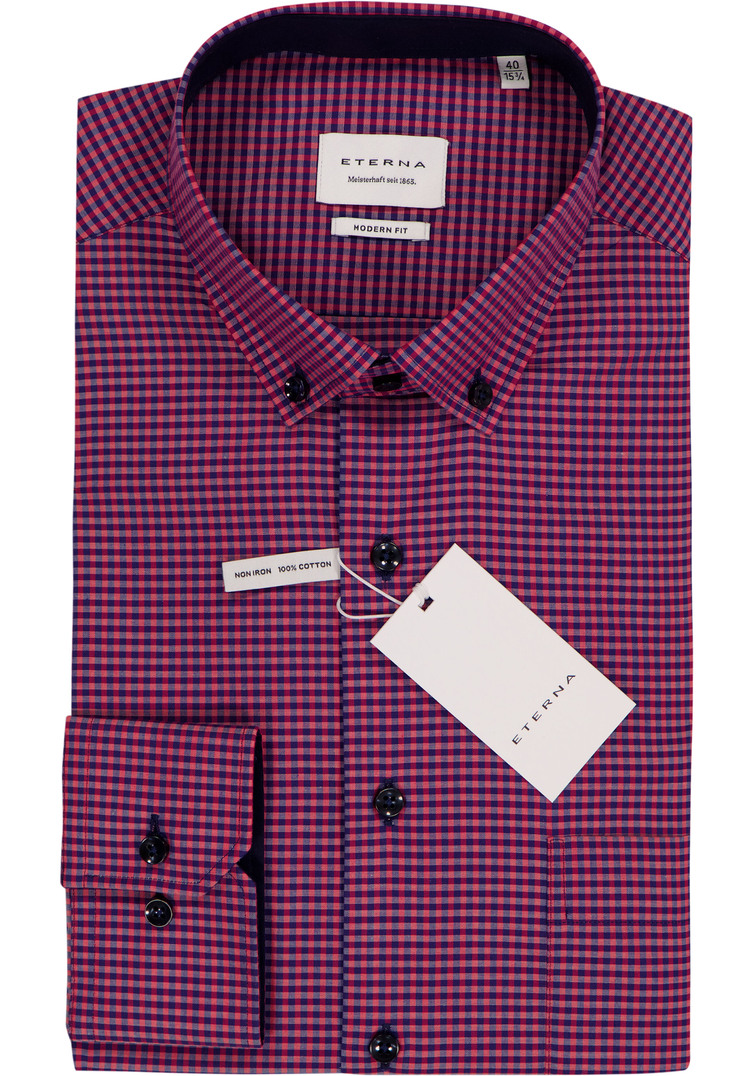 ETERNA modern fit overhemd, popeline, roze geruit (contrast)