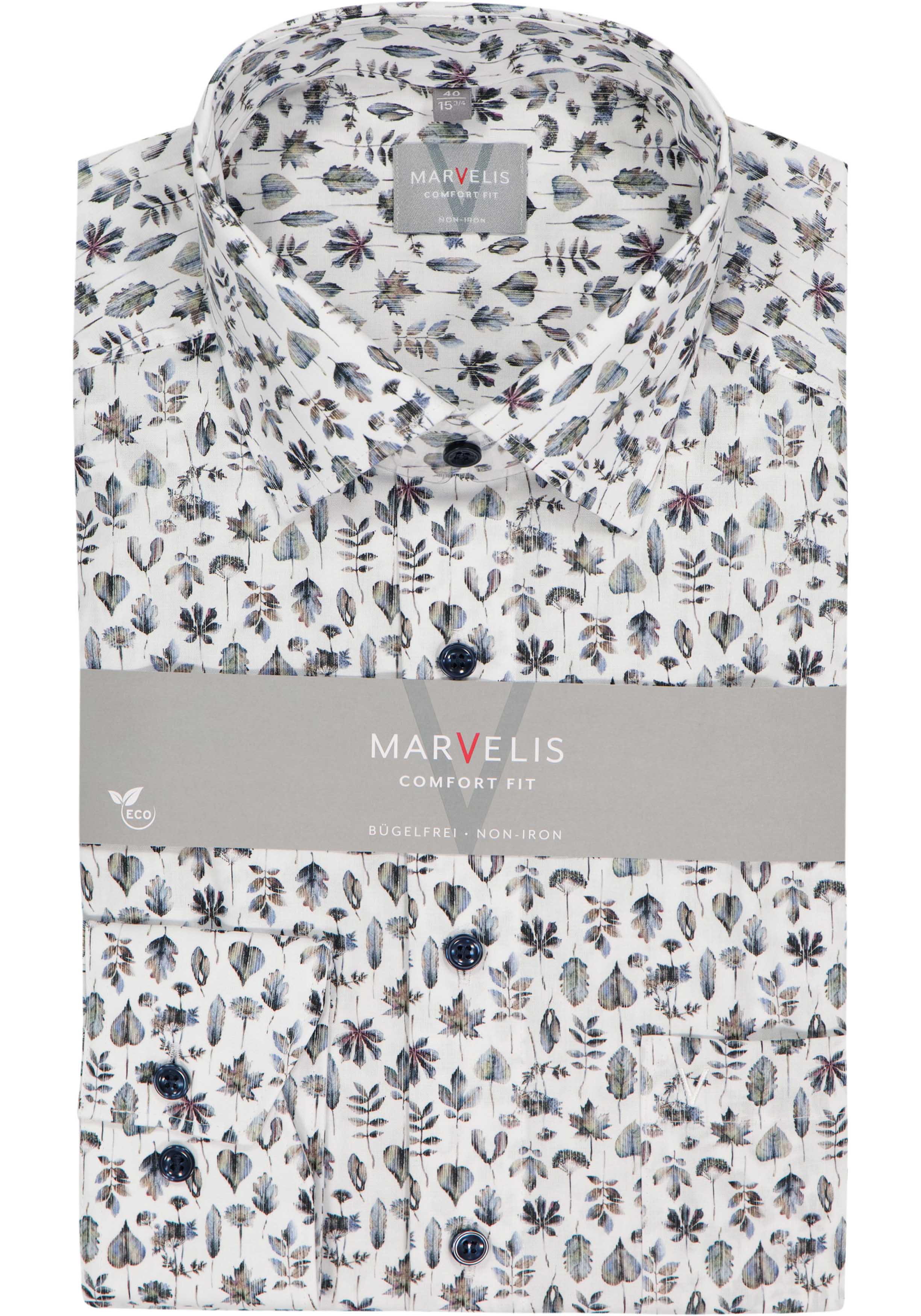 MARVELIS comfort fit overhemd, popeline, wit met blauw, groen en bruin bladeren dessin