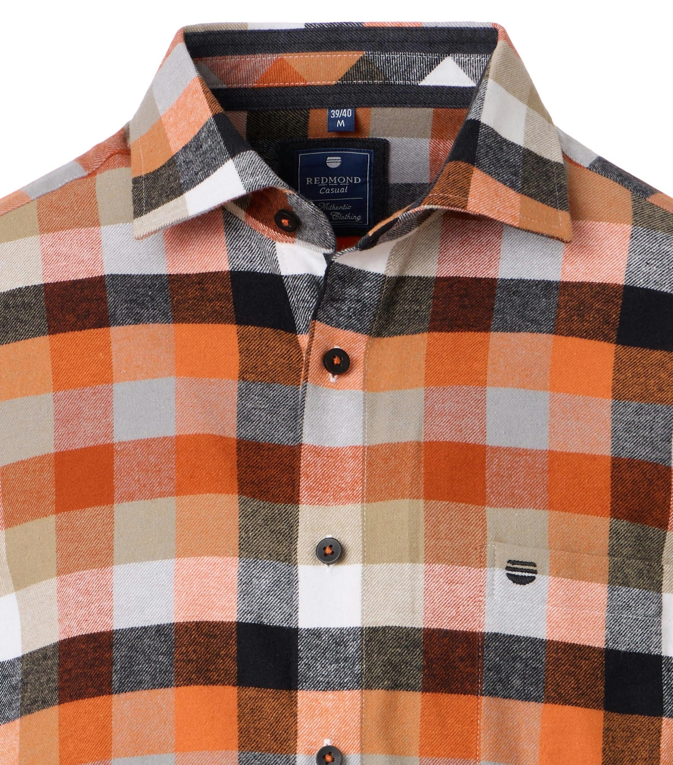 Redmond comfort fit overhemd, flanel, oranje, zwart, wit en beige geruit