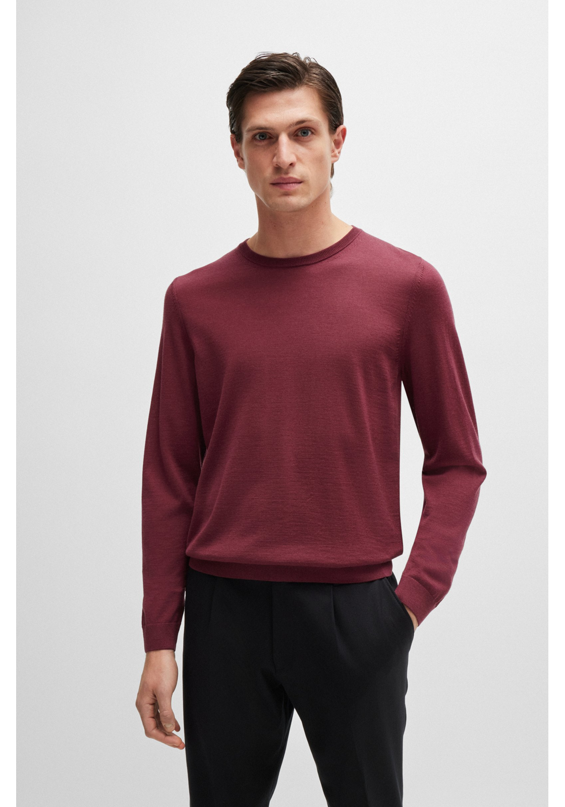 BOSS Leno slim fit trui wol, heren pullover middeldik O-hals, rood BOSS Leno slim fit trui wol, heren pullover middeldik O-hals, rood