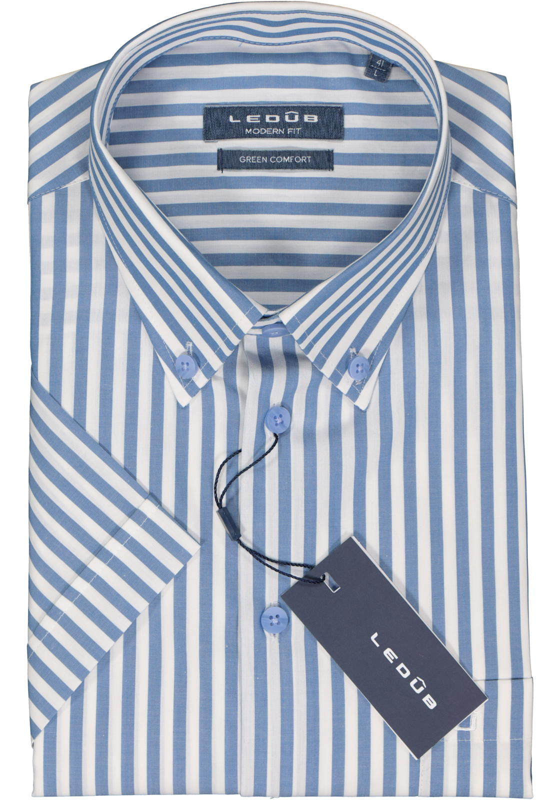 2-8717126094203_Ledub_overhemd_HR Ledub modern fit overhemd, korte mouw, popeline, middenblauw met wit gestreept