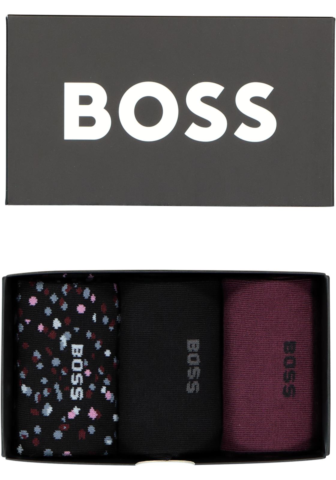 01-4063536003255_hugo_boss_cadeau_sokken_3p_HR HUGO BOSS cadeauset sokken, giftbox met 3 paar heren sokken, zwart, bordeaux en dessin