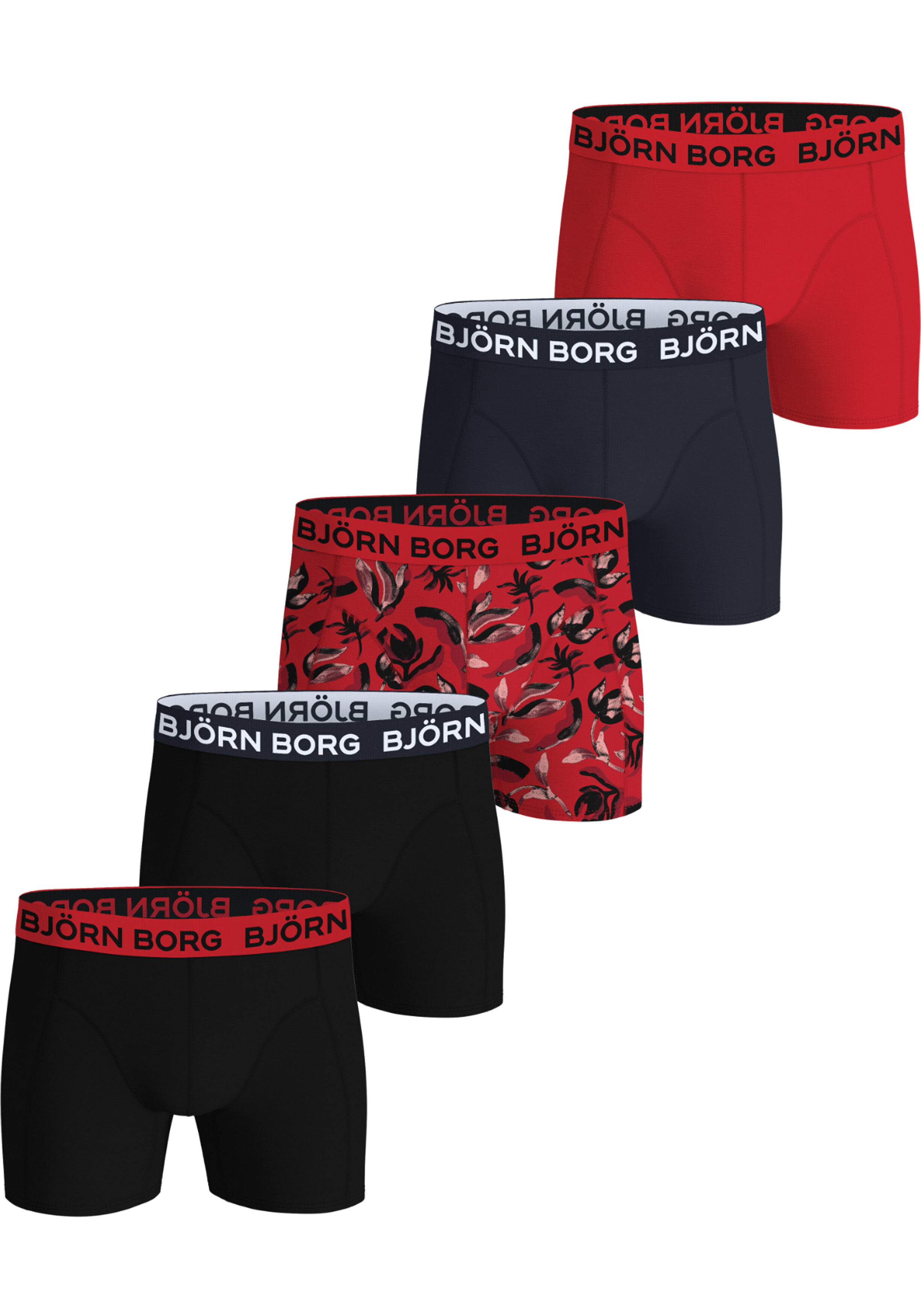Bjorn Borg Cotton Stretch boxers, heren boxers normale lengte (5-pack), zwart met rode band, zwart, rood, donkerblauw en rood met zwarte print