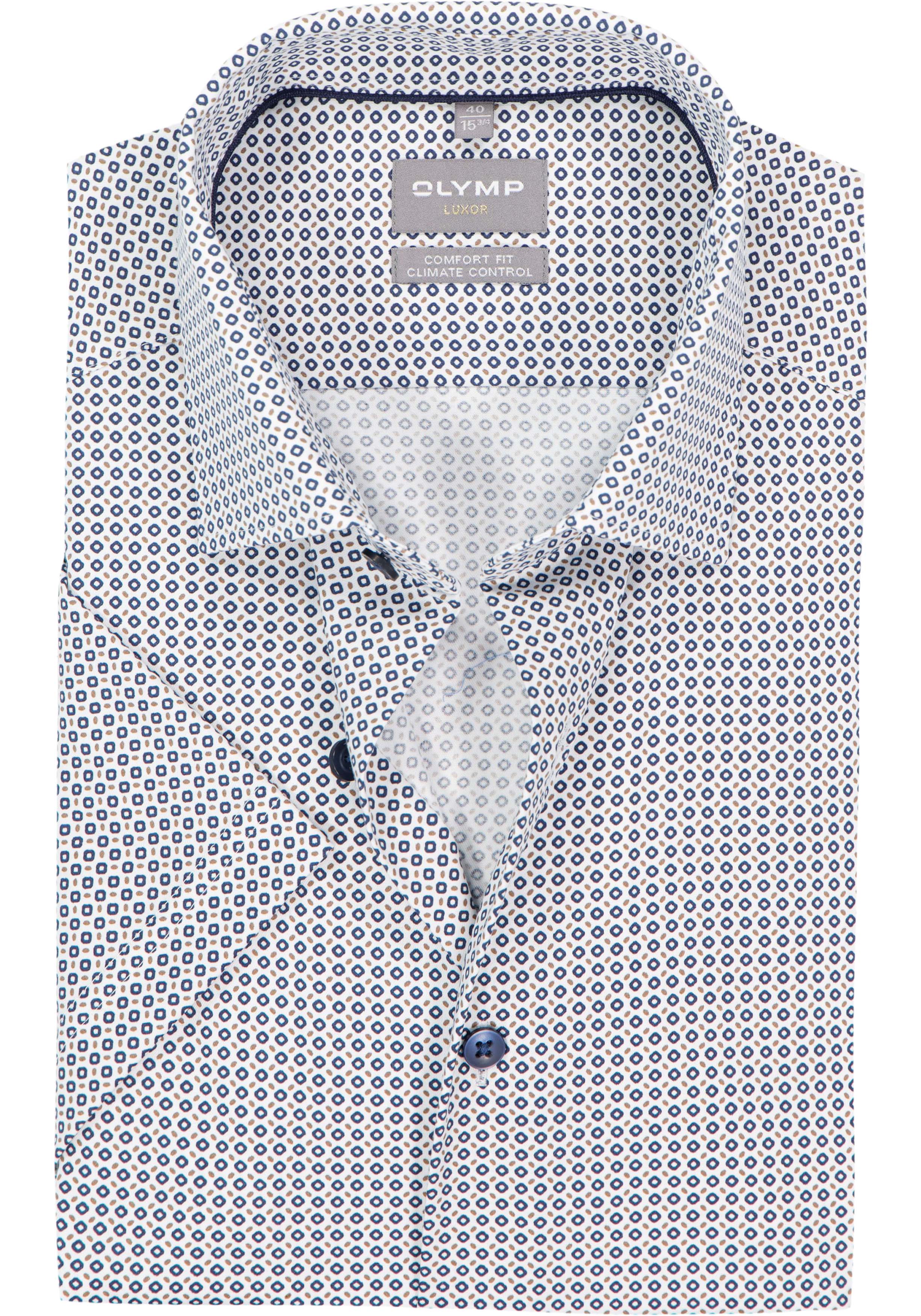 OLYMP 24/7 Luxor comfort fit overhemd, korte mouw, dobby, wit met blauw en bruin dessin