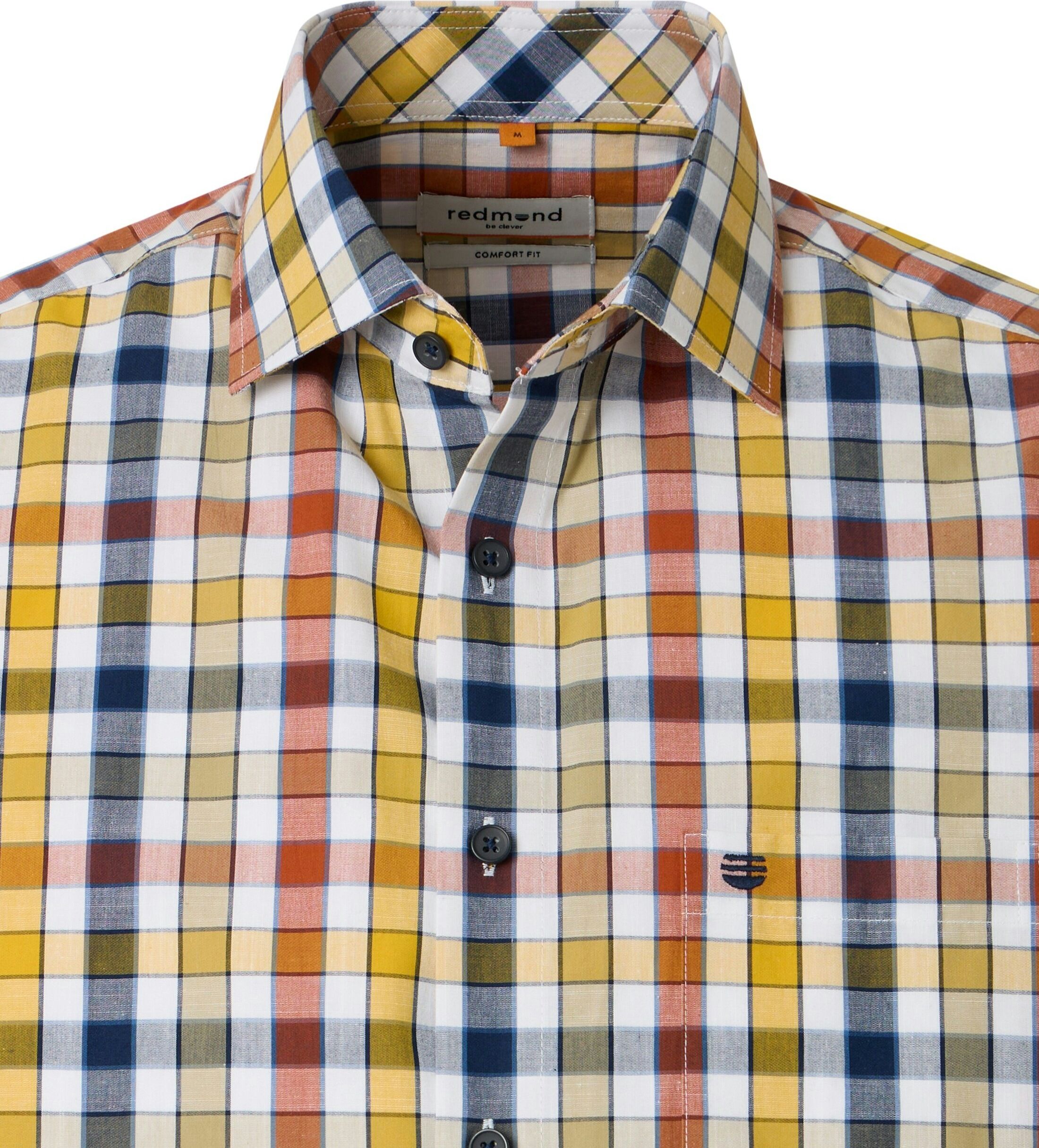 Redmond modern fit overhemd, korte mouw, chambray, geel, wit, oranje, blauw geruit
