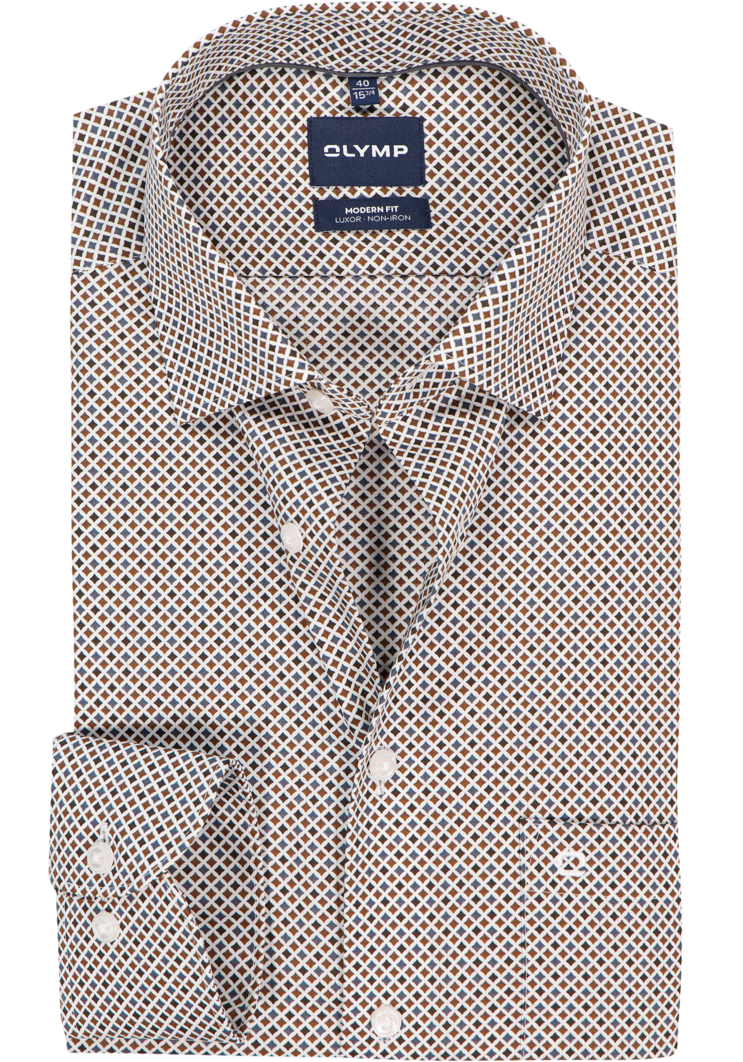 OLYMP Luxor modern fit overhemd, popeline, wit met blauw en bruin dessin