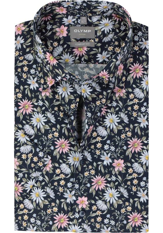 OLYMP comfort fit overhemd, korte mouw, popeline, marine blauw dessin OLYMP comfort fit overhemd, korte mouw, popeline, marine blauw dessin