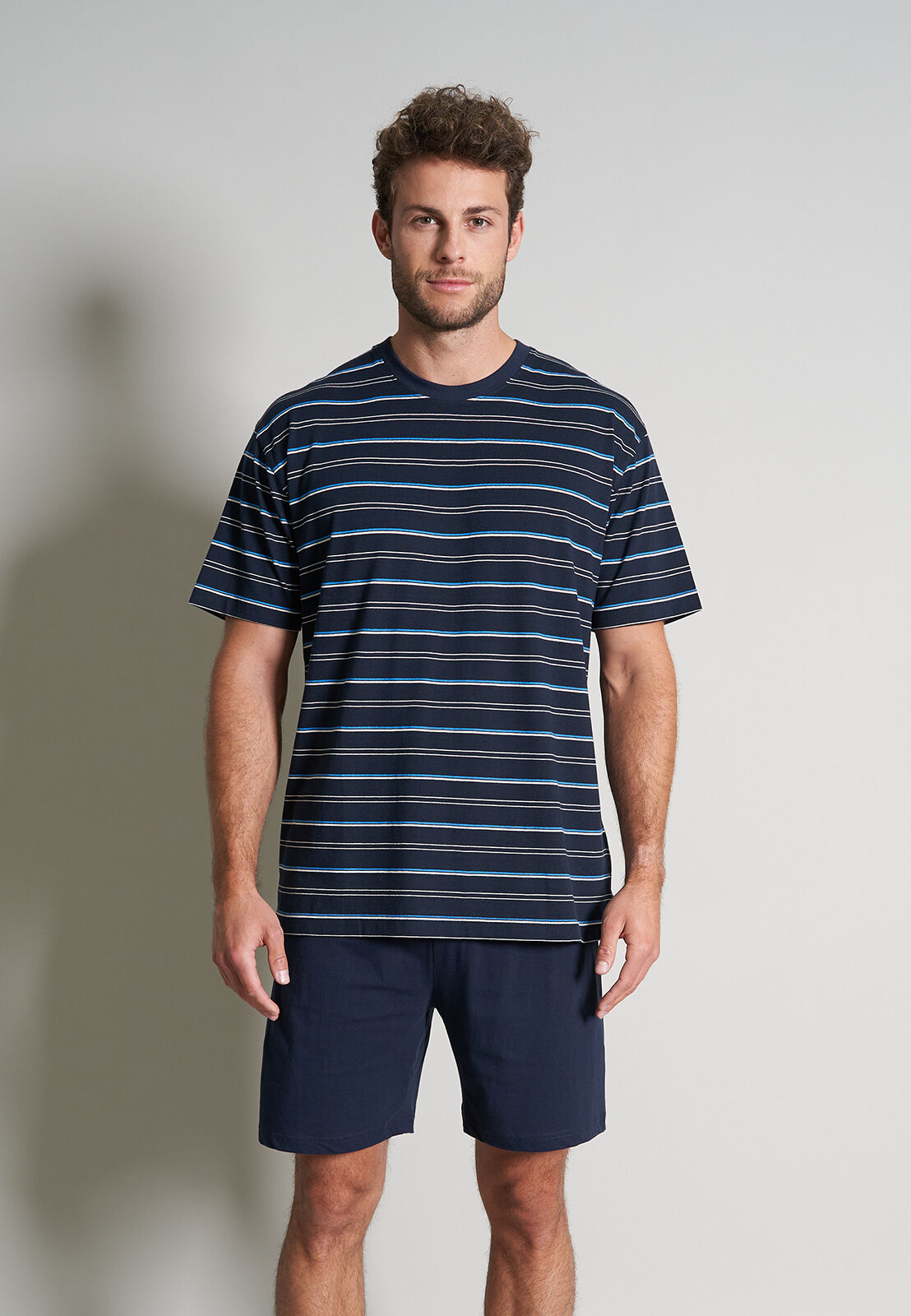 Gotzburg heren shortama O-hals, donkerblauw gestreept