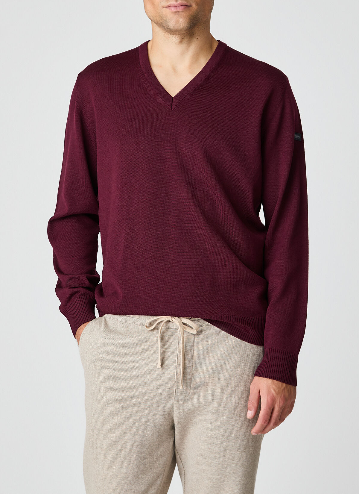 MAERZ Classic Fit heren trui met V-hals wol, bordeaux rood