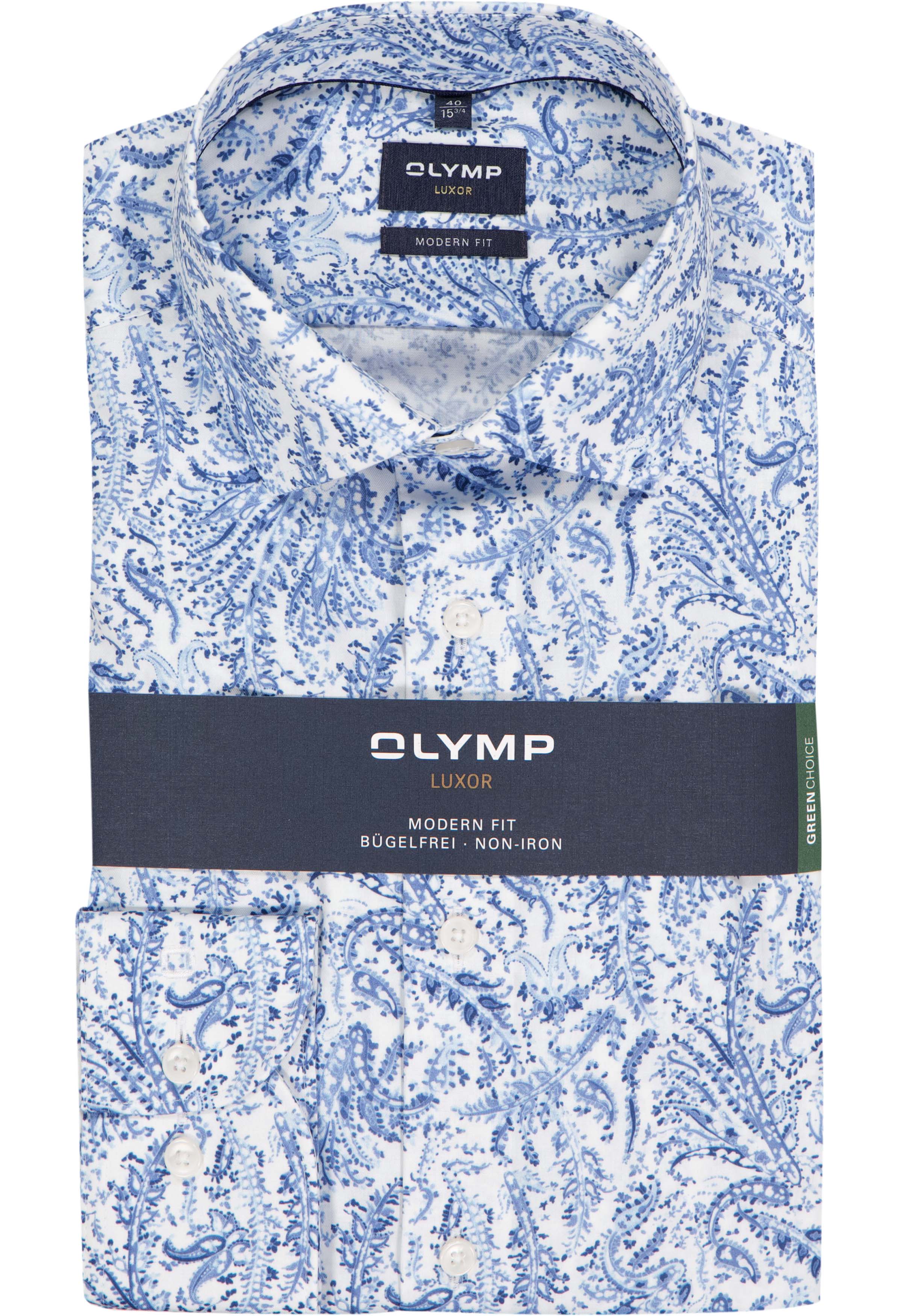 OLYMP Luxor modern fit overhemd, dobby, wit met blauw dessin