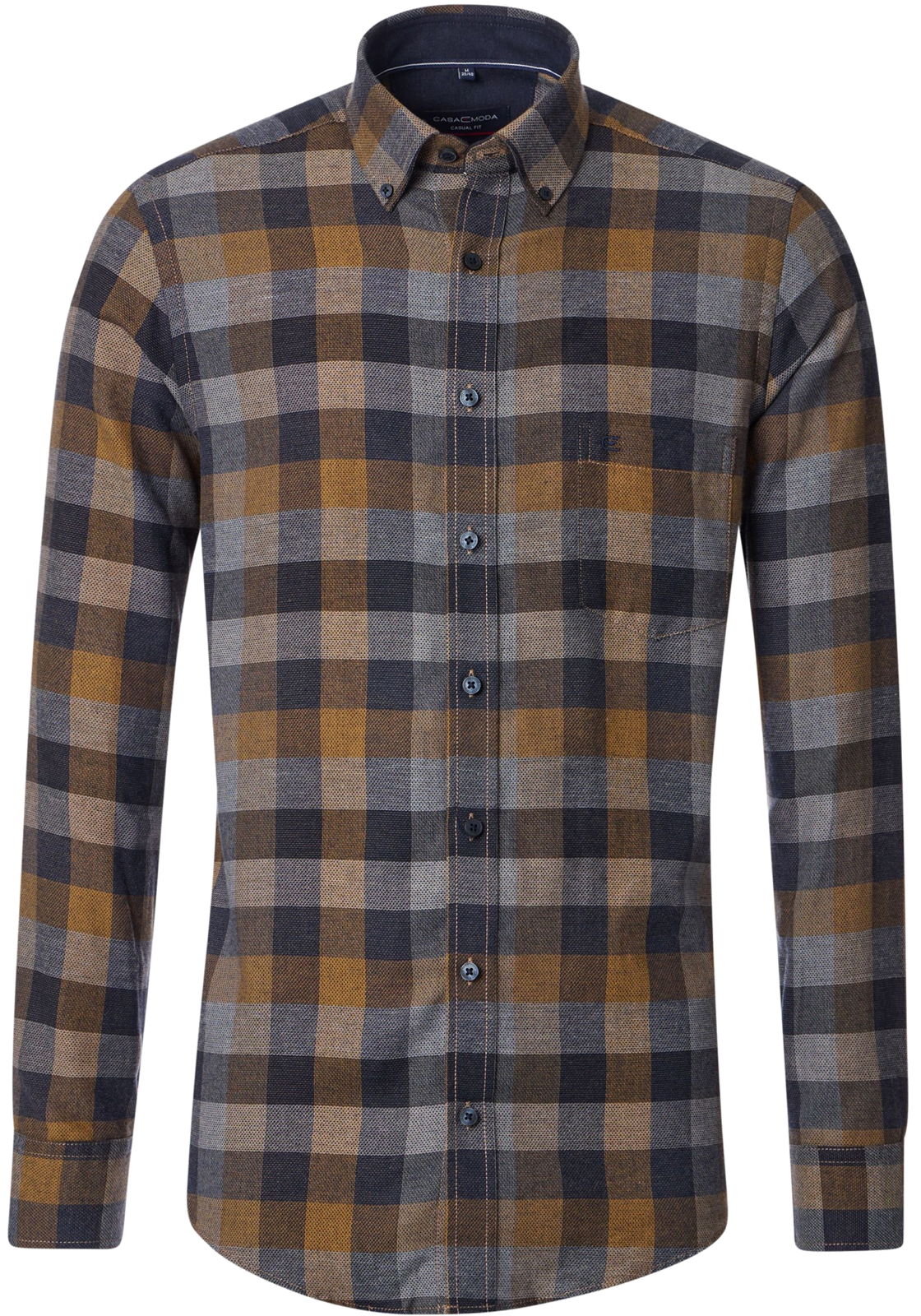 CASA MODA Sport casual fit overhemd, dobby, blauw met okergeel geruit CASA MODA Sport casual fit overhemd, dobby, blauw met okergeel geruit