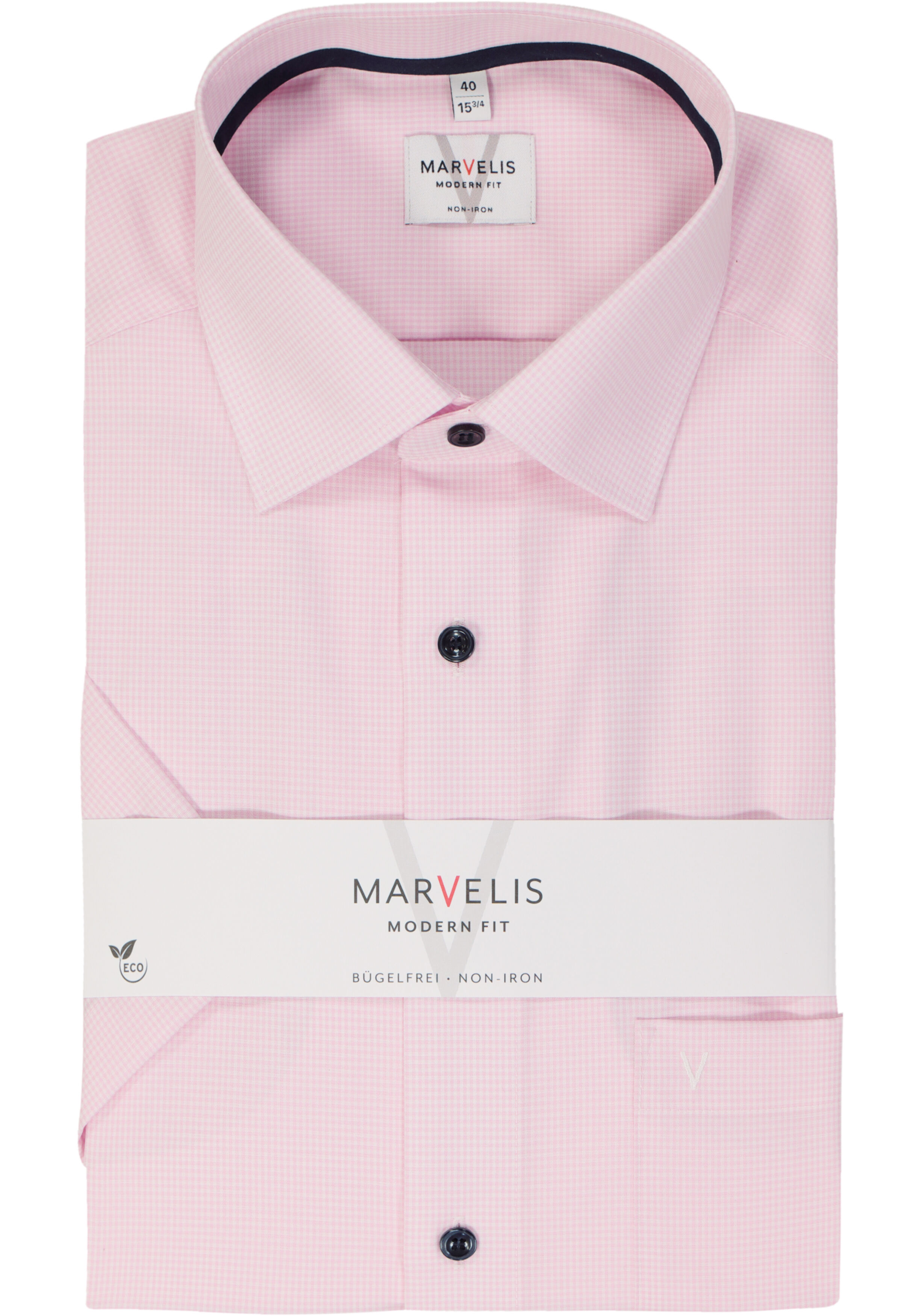 MARVELIS modern fit overhemd, korte mouw, popeline, roze met wit mini ruitje