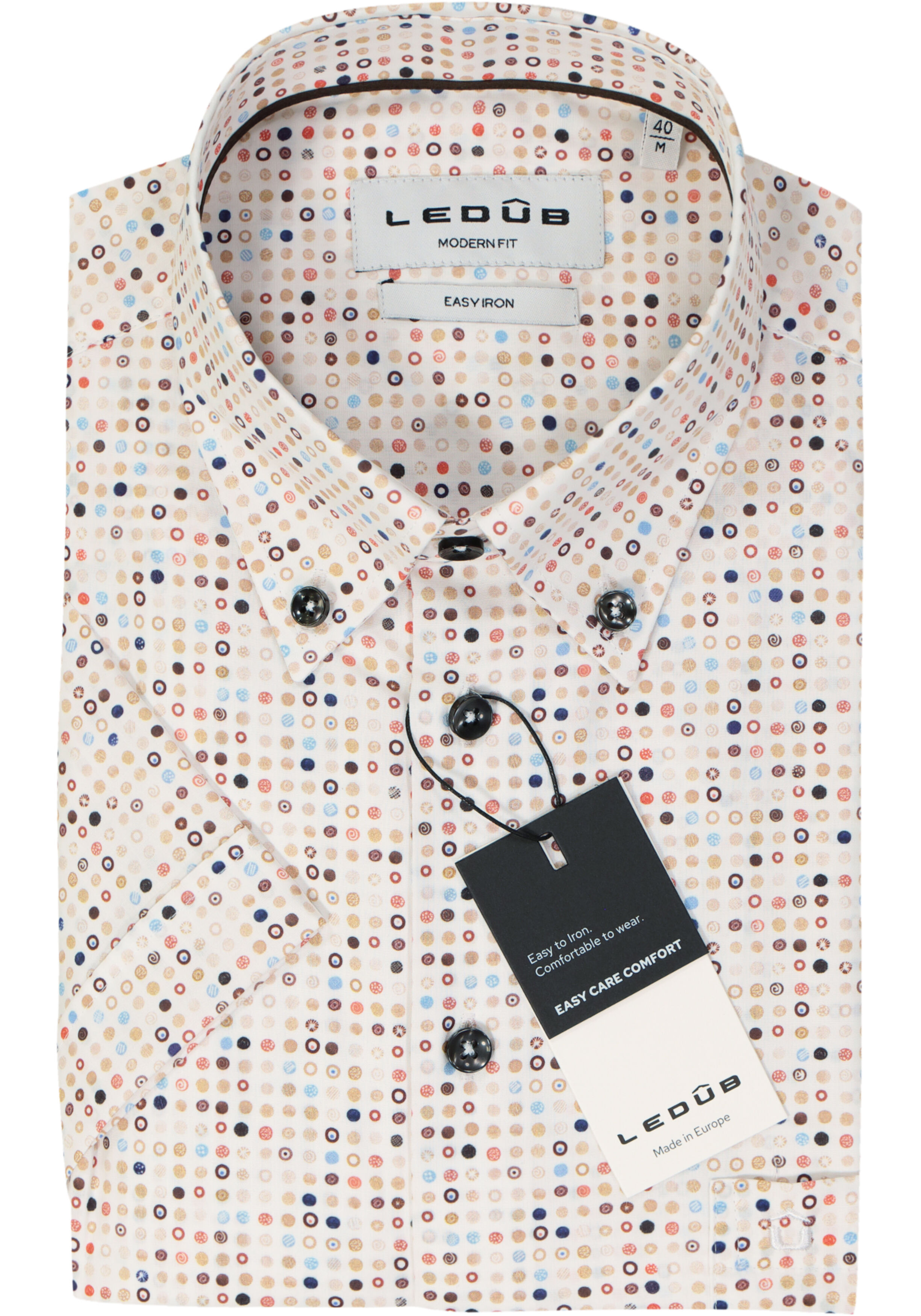 Ledub modern fit overhemd, korte mouw, popeline, wit met bruin en blauw dessin