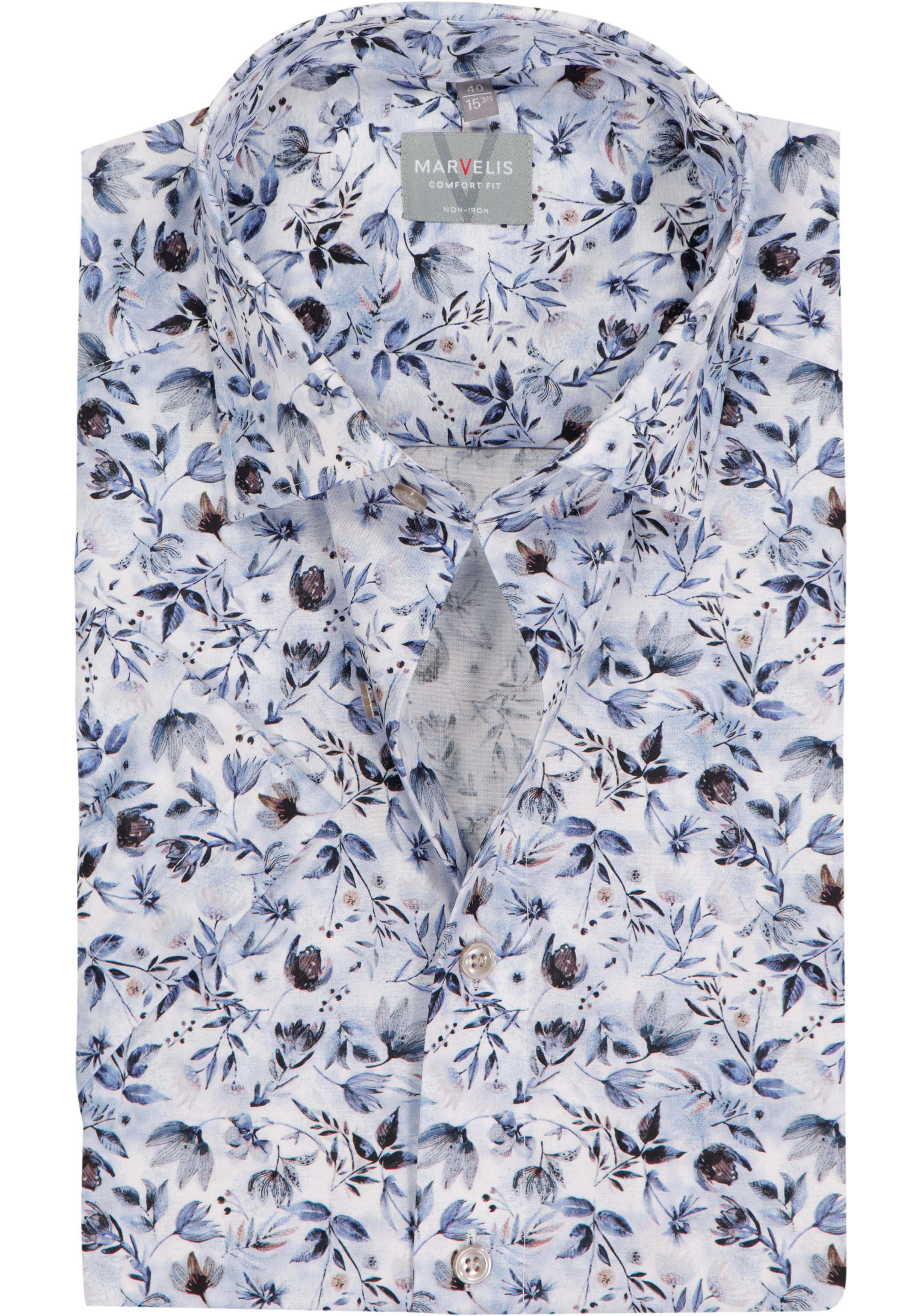 MARVELIS comfort fit overhemd, korte mouw, popeline, wit met blauw en bruin bloemen dessin
