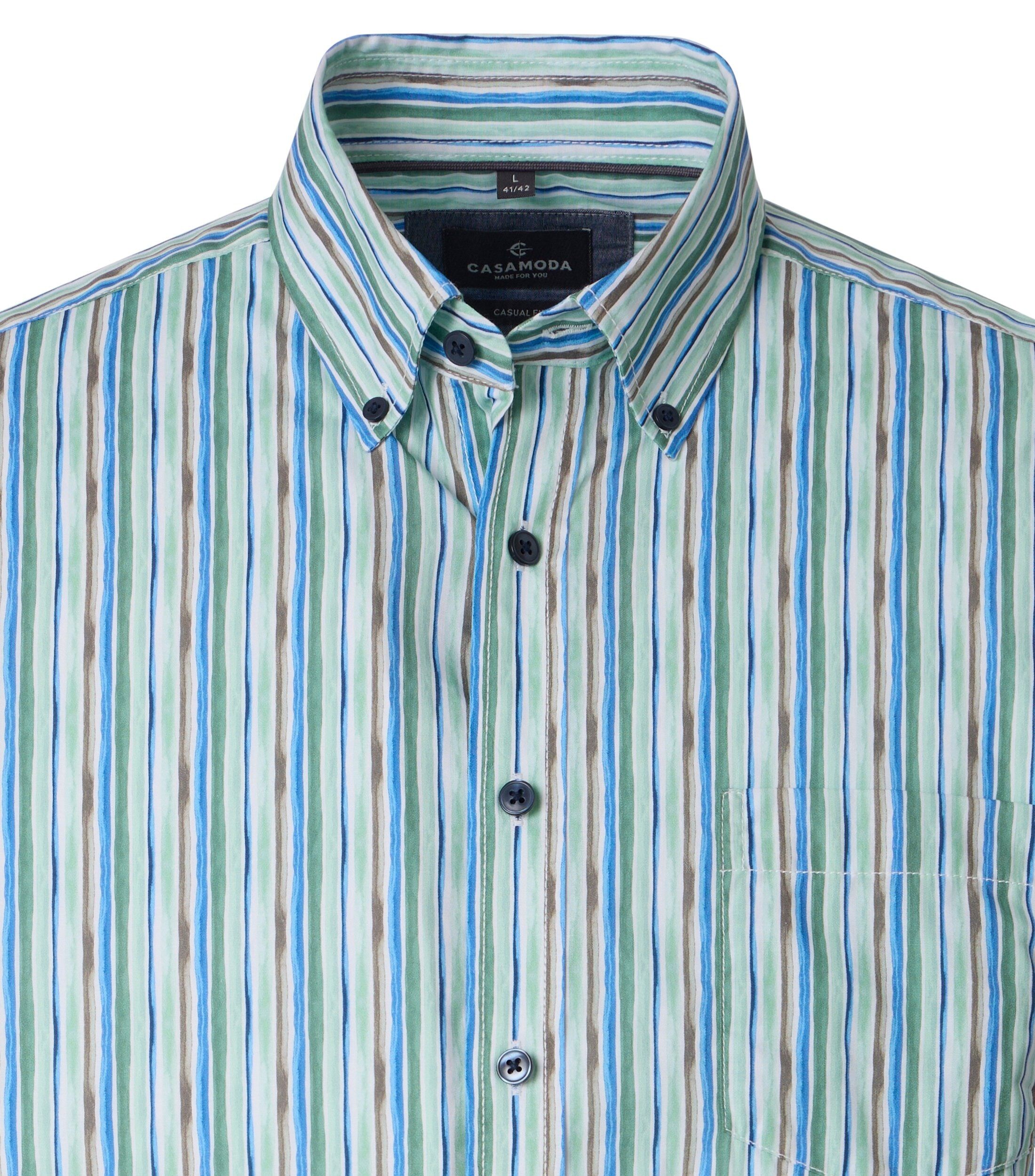 CASA MODA Sport casual fit overhemd, korte mouw, popeline, groen met blauw, wit en beige dessin