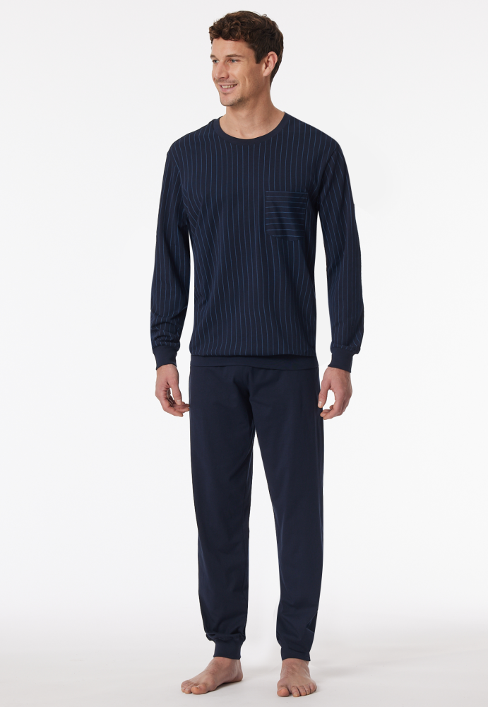 SCHIESSER Cotton Essentials Pyjama lang, heren pyjama set, donkerblauw gestreept