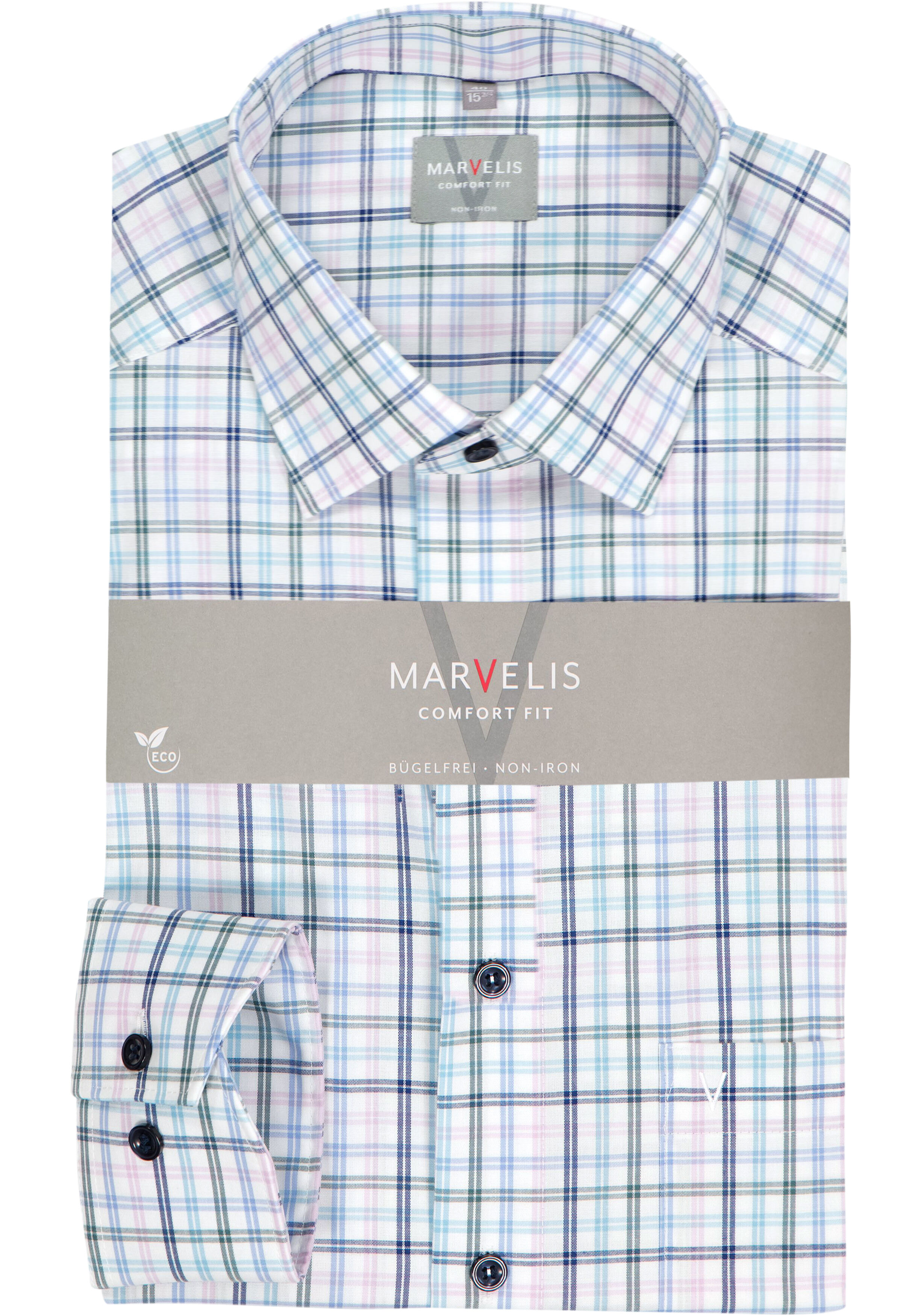 MARVELIS comfort fit overhemd, popeline, wit met blauw, groen en roze geruit