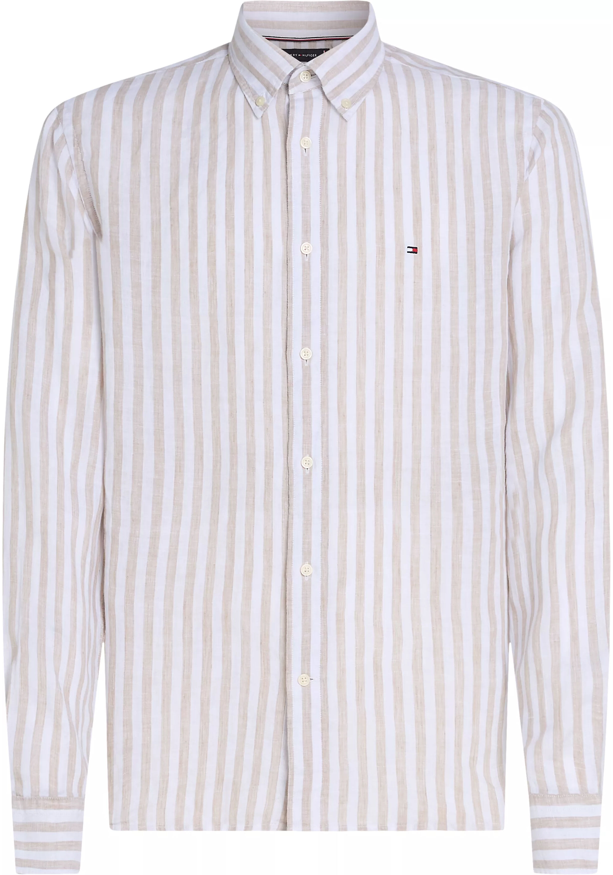 Tommy Hilfiger Linen Essential Regular Fit Shirt, structuur, beige met wit gestreept