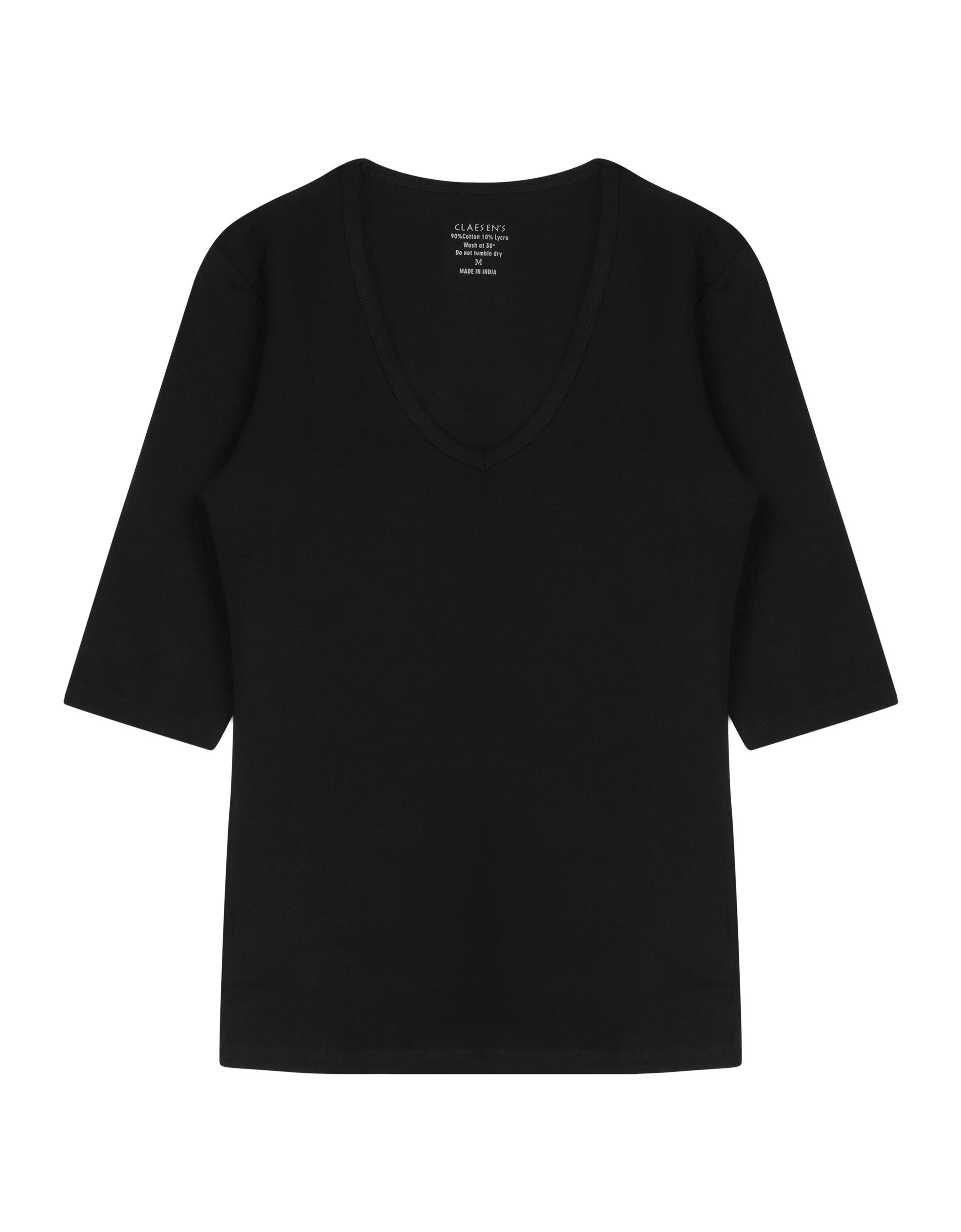 Claesen's dames Basics T-shirt (1-pack), 3/4 mouw V-hals T-shirt, zwart