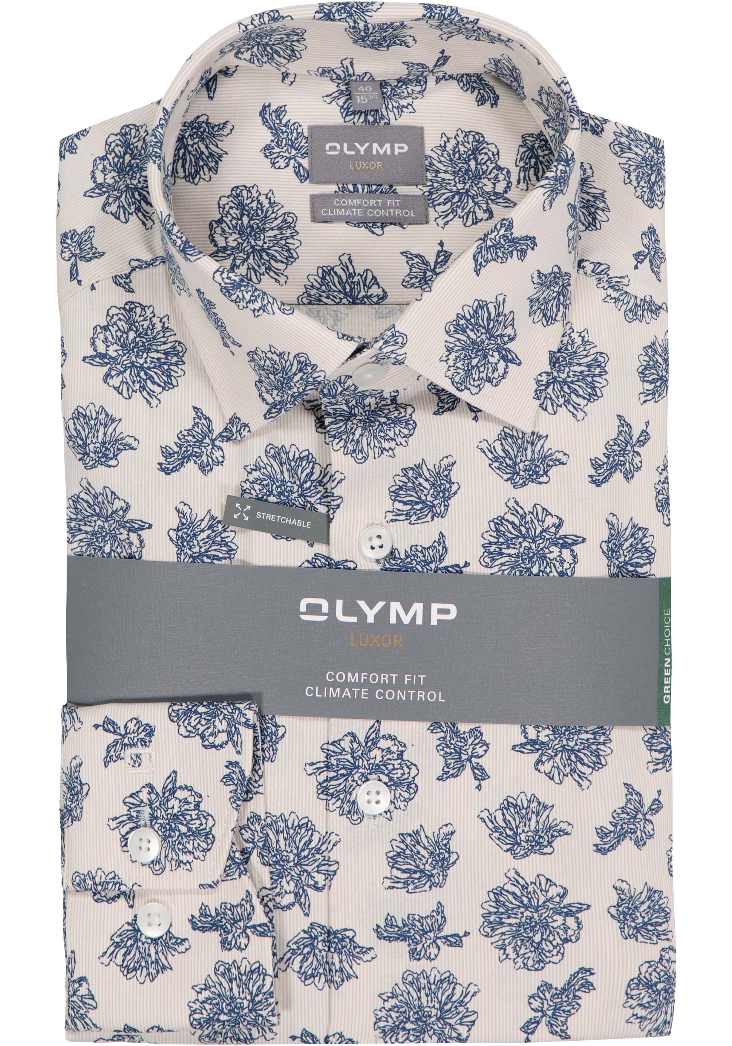 OLYMP 24/7 Luxor comfort fit overhemd, popeline, offwhite met blauw bloemen dessin