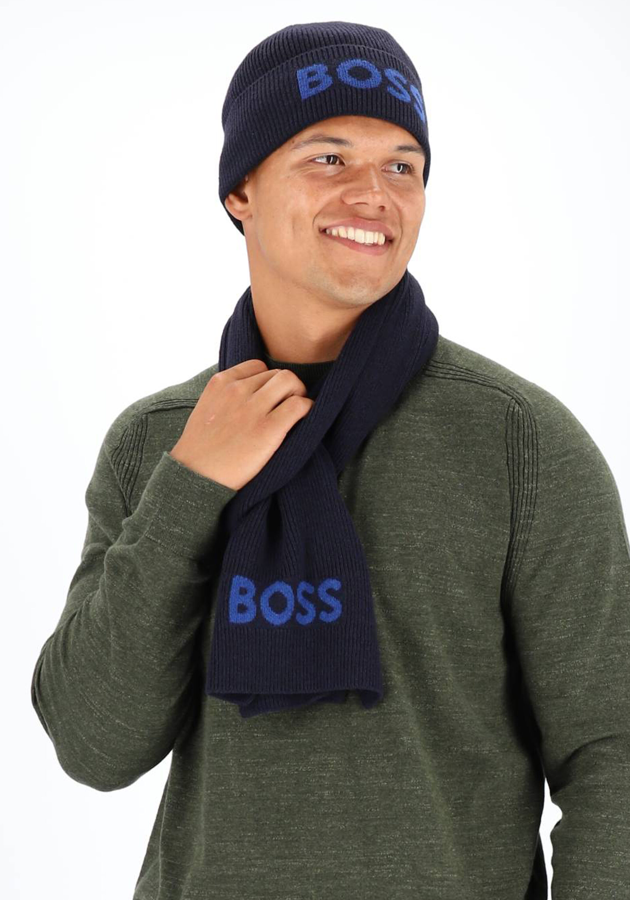 BOSS Elios sjaal wolmengsel, heren sjaal gebreid, donkerblauw