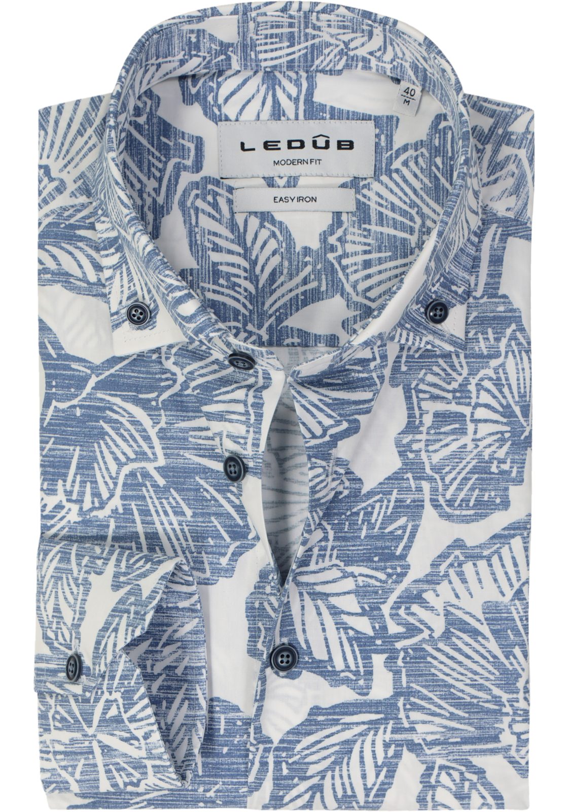 Ledub modern fit overhemd, popeline, middenblauw met wit dessin Ledub modern fit overhemd, popeline, middenblauw met wit dessin