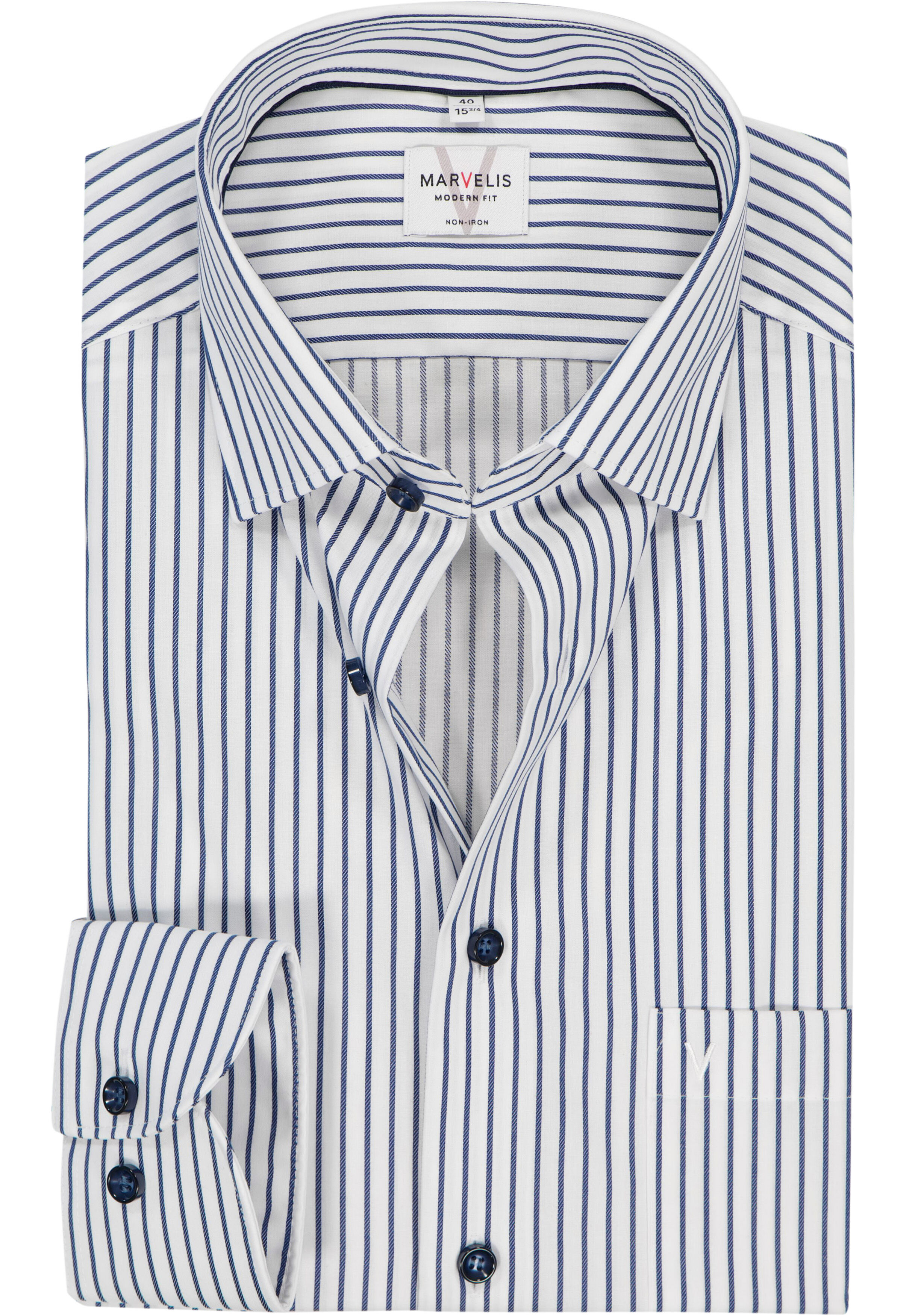 MARVELIS modern fit overhemd, mouwlengte 7, popeline, wit met donkerblauw gestreept