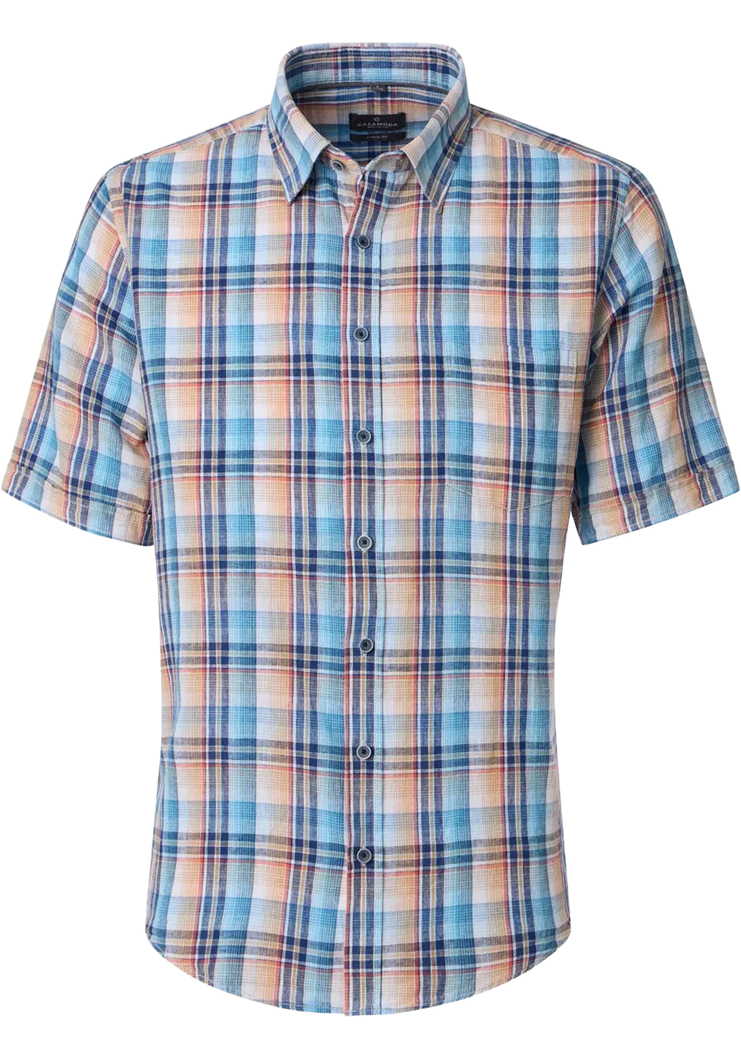 CASA MODA Sport casual fit overhemd, korte mouw, structuur, lichtblauw, wit, oranje, donkerblauw geruit