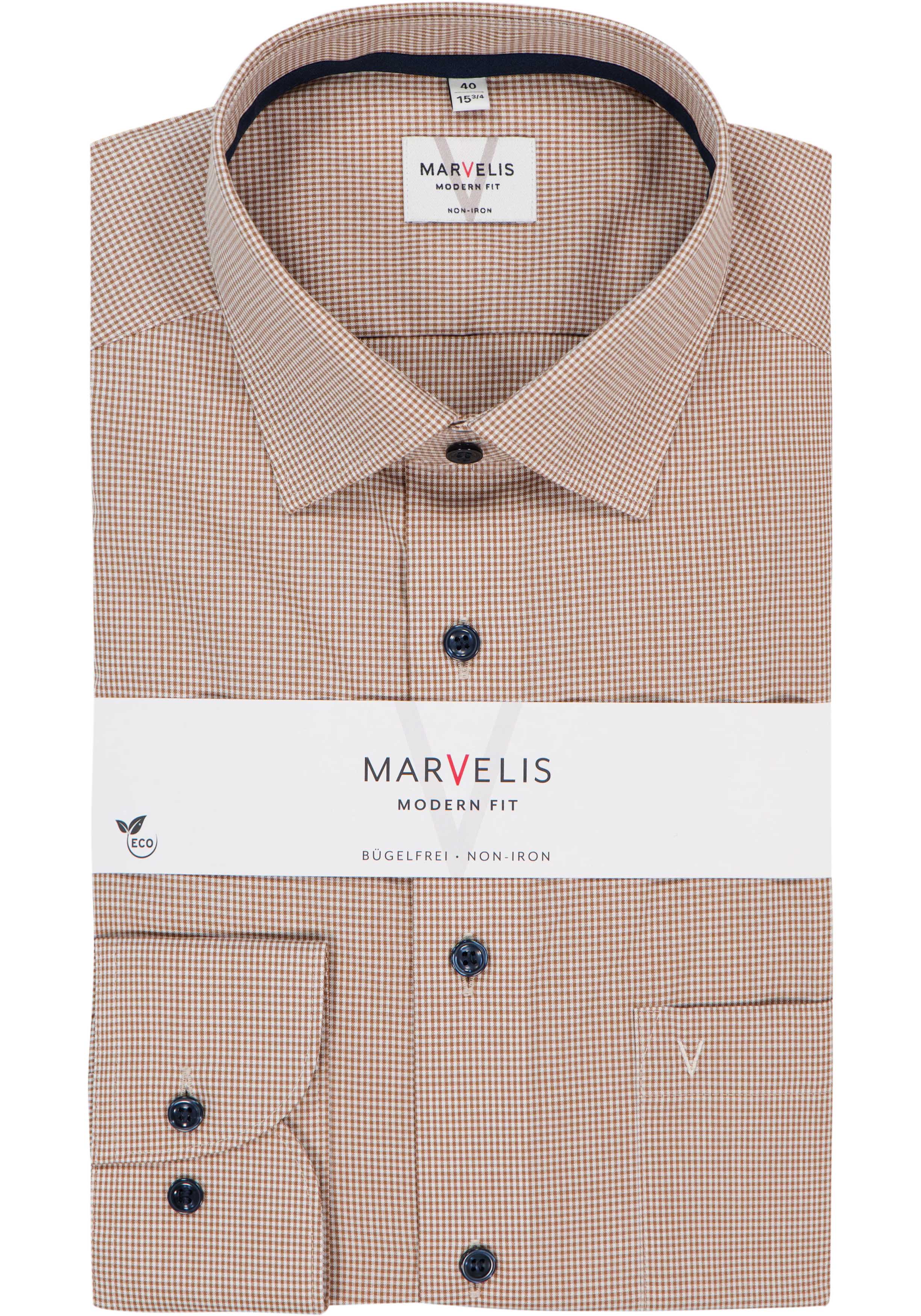 MARVELIS modern fit overhemd, popeline, lichtbruin met wit geruit