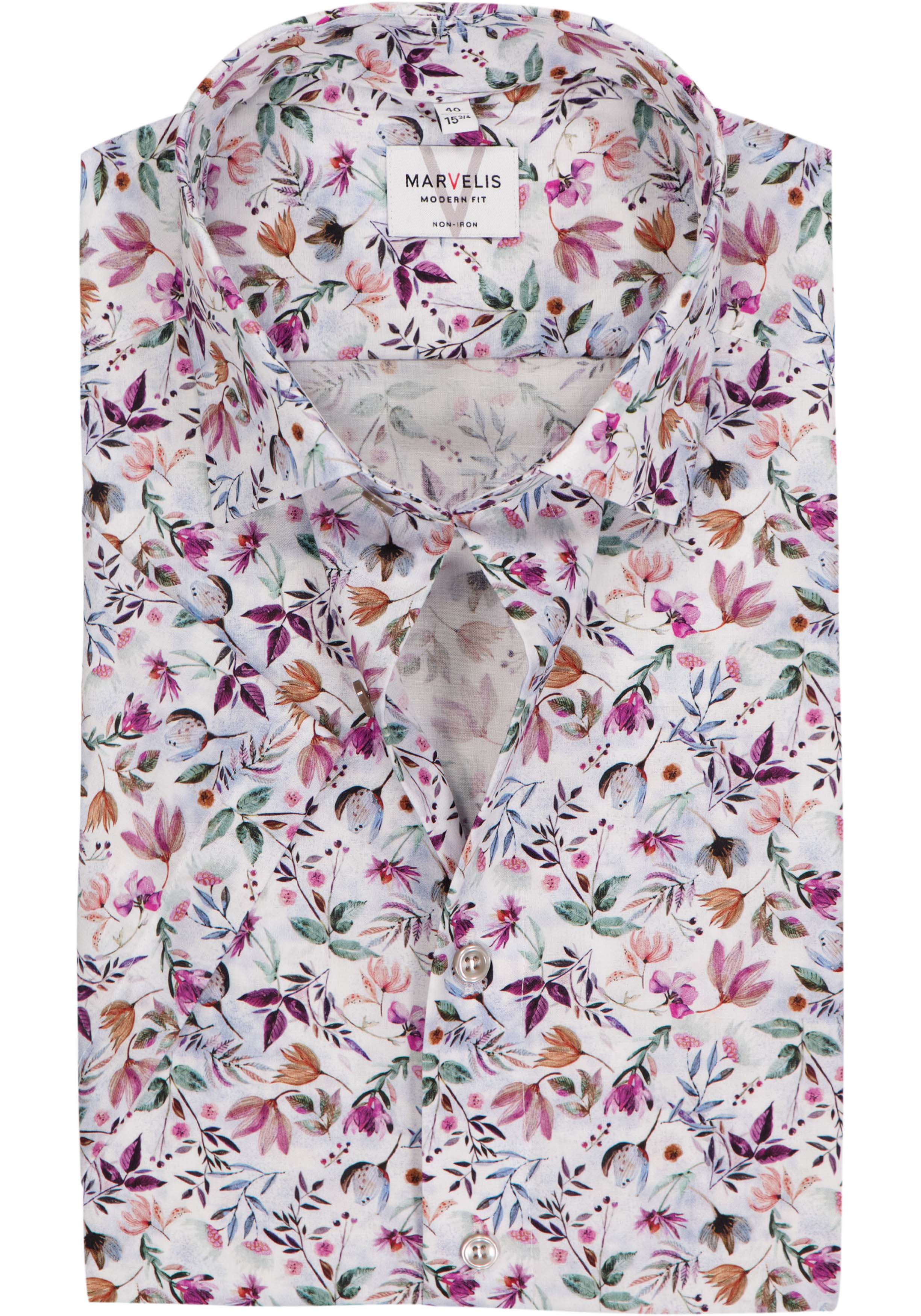 MARVELIS modern fit overhemd, korte mouw, popeline, wit met roze, groen en blauw bloemen dessin