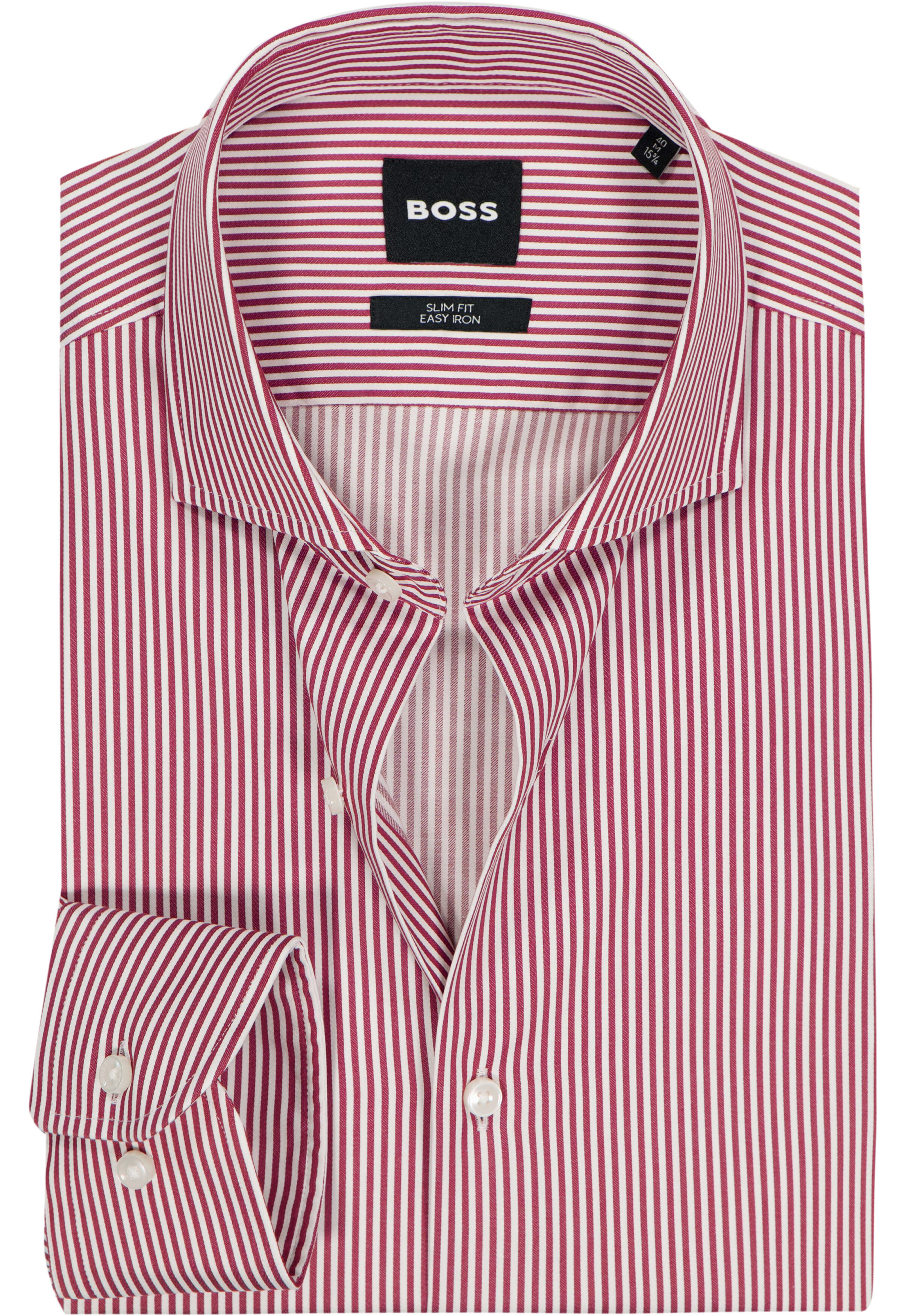 BOSS Hank slim fit overhemd, popeline, donkerrood met wit gestreept