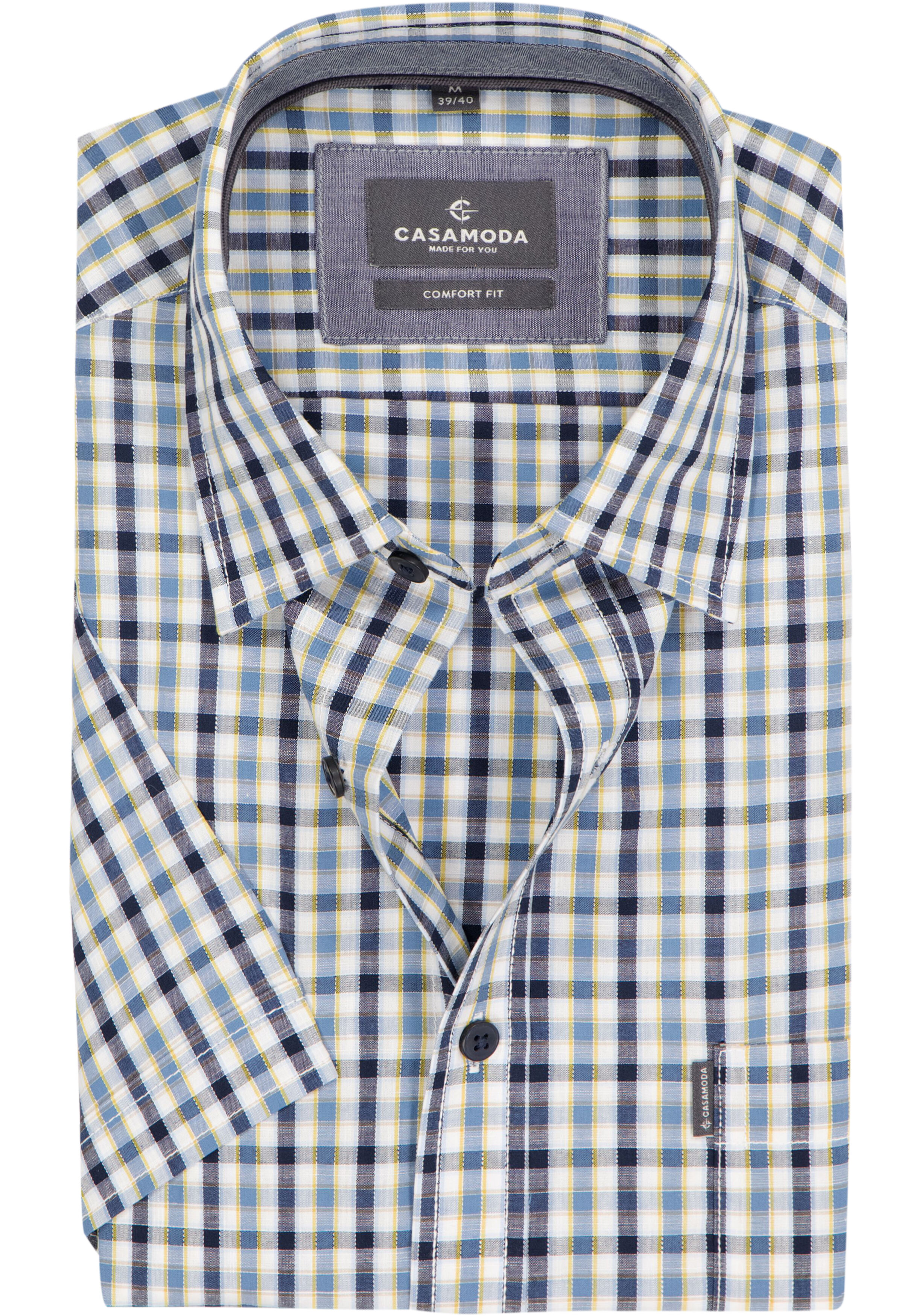 CASAMODA Sport comfort fit overhemd, korte mouw, popeline, wit met blauw en geel geruit