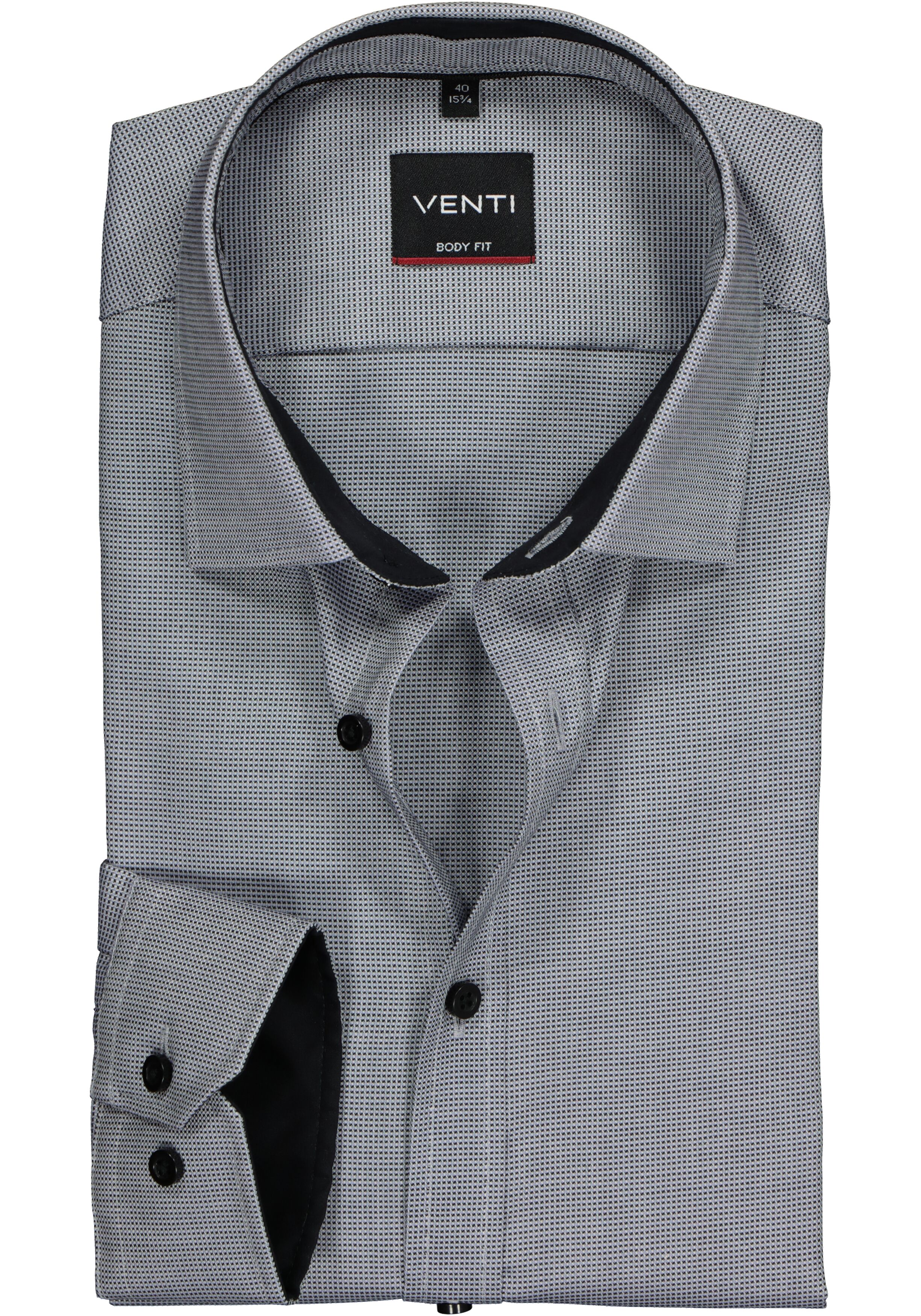 VENTI body fit overhemd, zwart met wit en grijs structuur (contrast)
