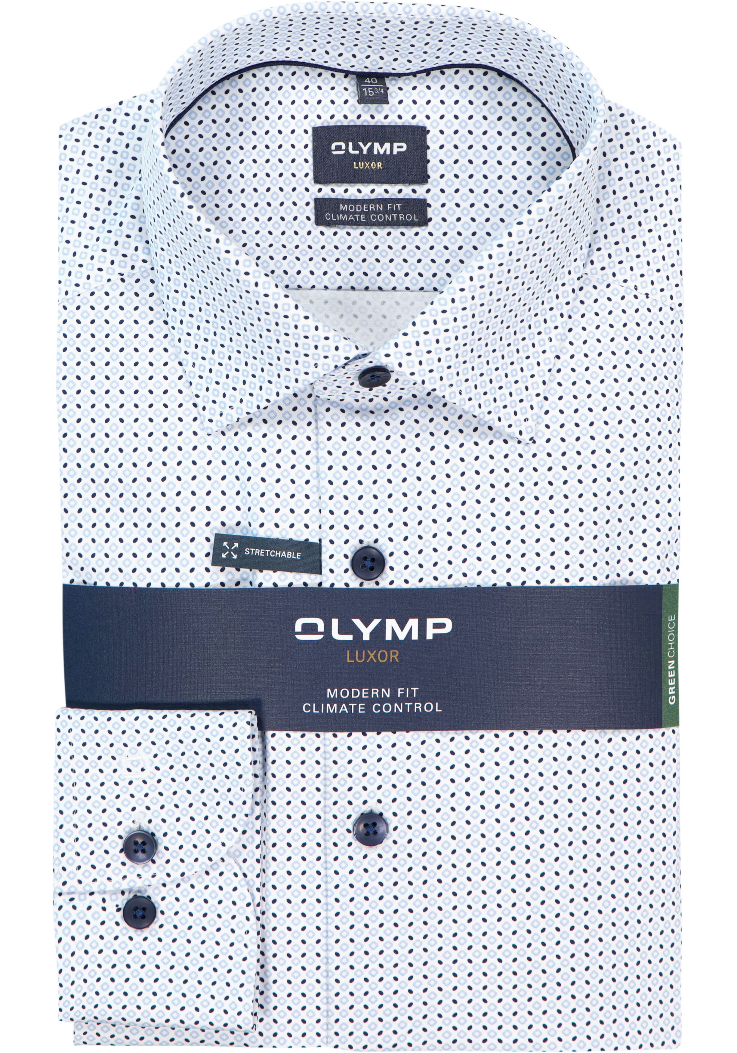 OLYMP 24/7 Luxor modern fit overhemd, dobby, wit met blauw dessin