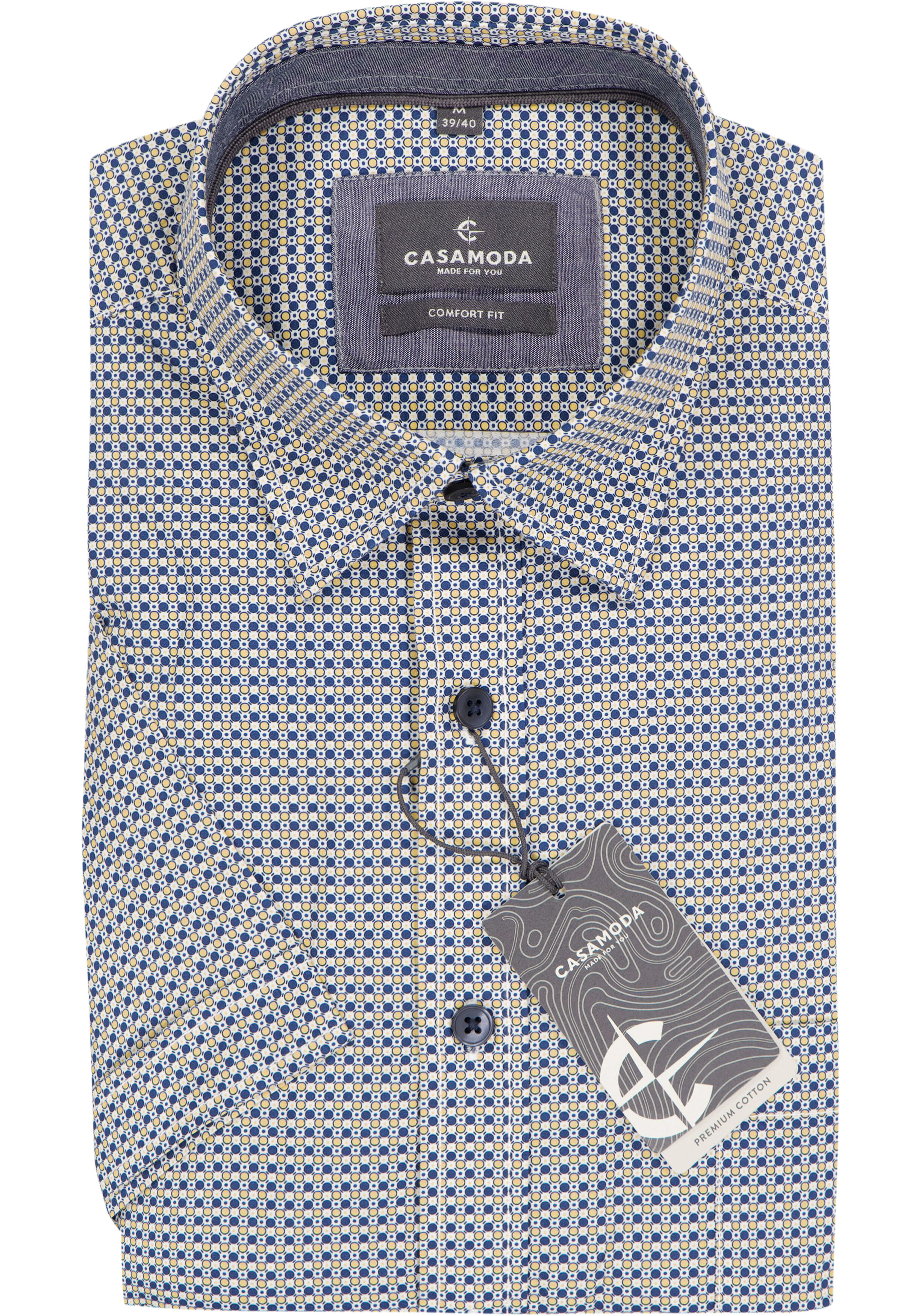 CASAMODA Sport comfort fit overhemd, korte mouw, popeline, wit met blauw en geel dessin