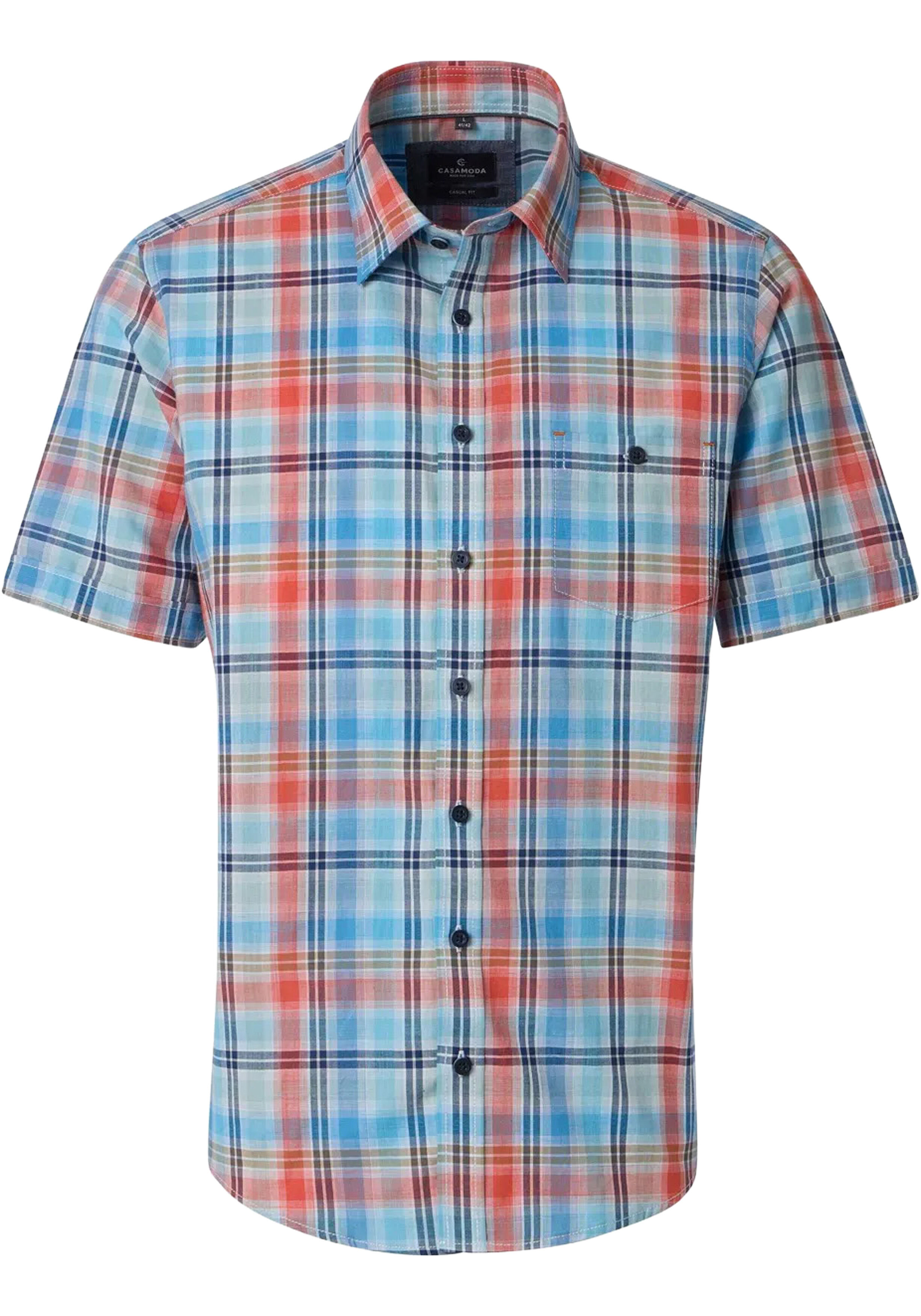 CASA MODA Sport casual fit overhemd, korte mouw, chambray, lichtblauw, oranje, wit, donkerblauw geruit