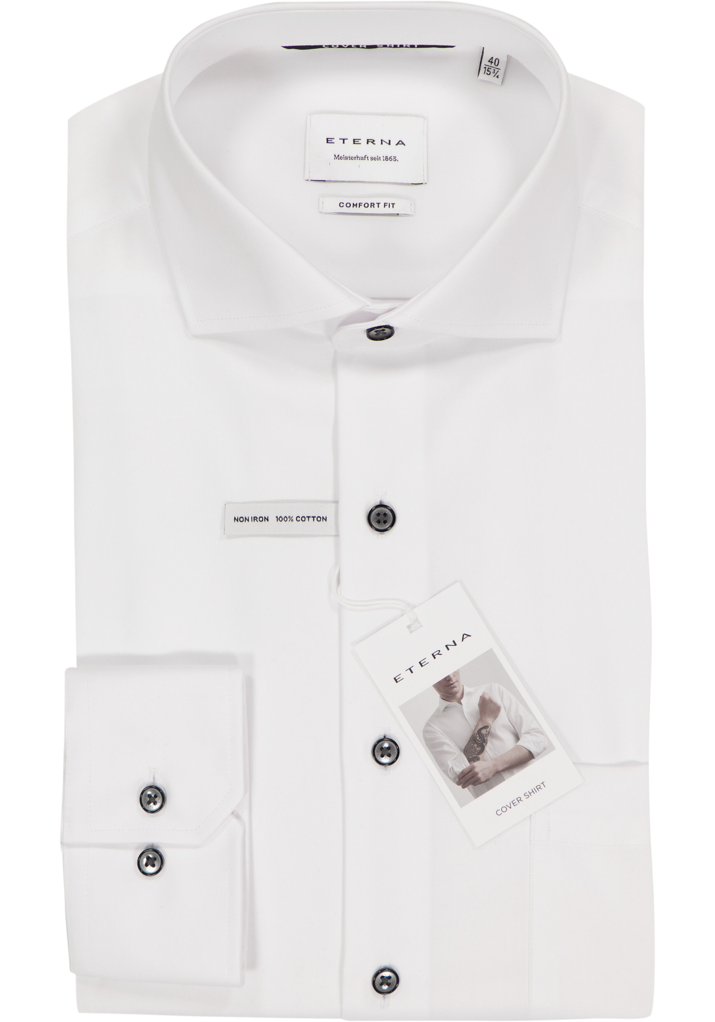 ETERNA comfort fit overhemd, niet doorschijnend twill heren overhemd, wit (zwart contrast)