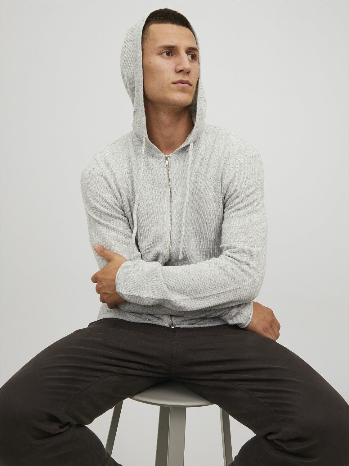 JACK & JONES Hill knit cardigan slim fit, heren vest katoen met capuchon, lichtgrijs melange