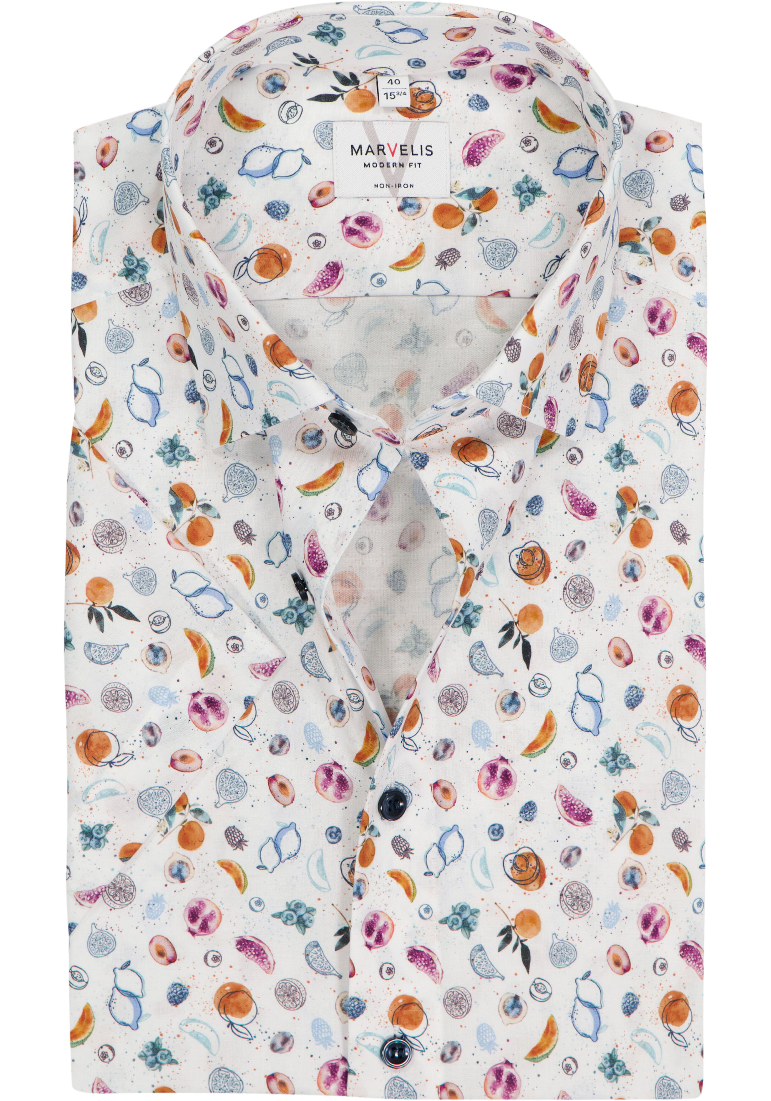 MARVELIS modern fit overhemd, korte mouw, popeline, wit met blauw, oranje en roze fruit dessin