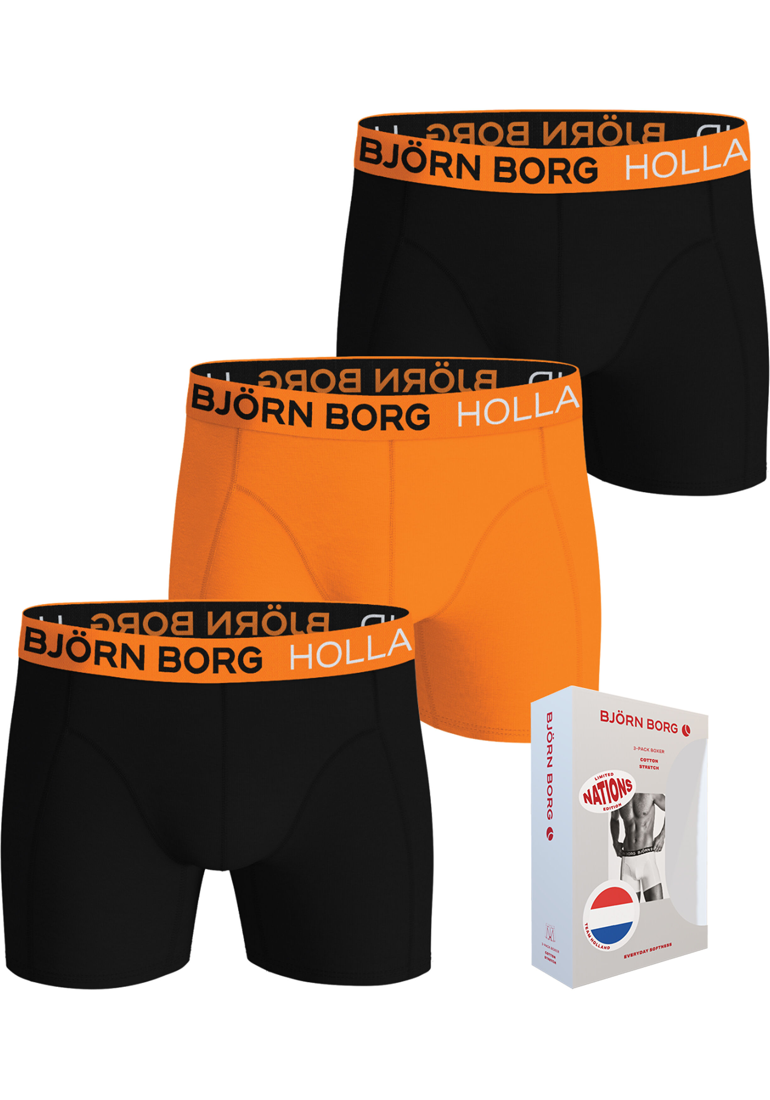 Bjorn Borg Cotton Stretch boxers, heren boxers normale lengte (3-pack), zwart en oranje met oranje Holland band