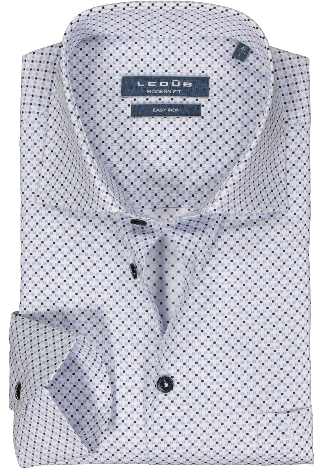 1-8717126095286_Ledub_overhemd_HR Ledub modern fit overhemd, popeline, wit met blauw dessin
