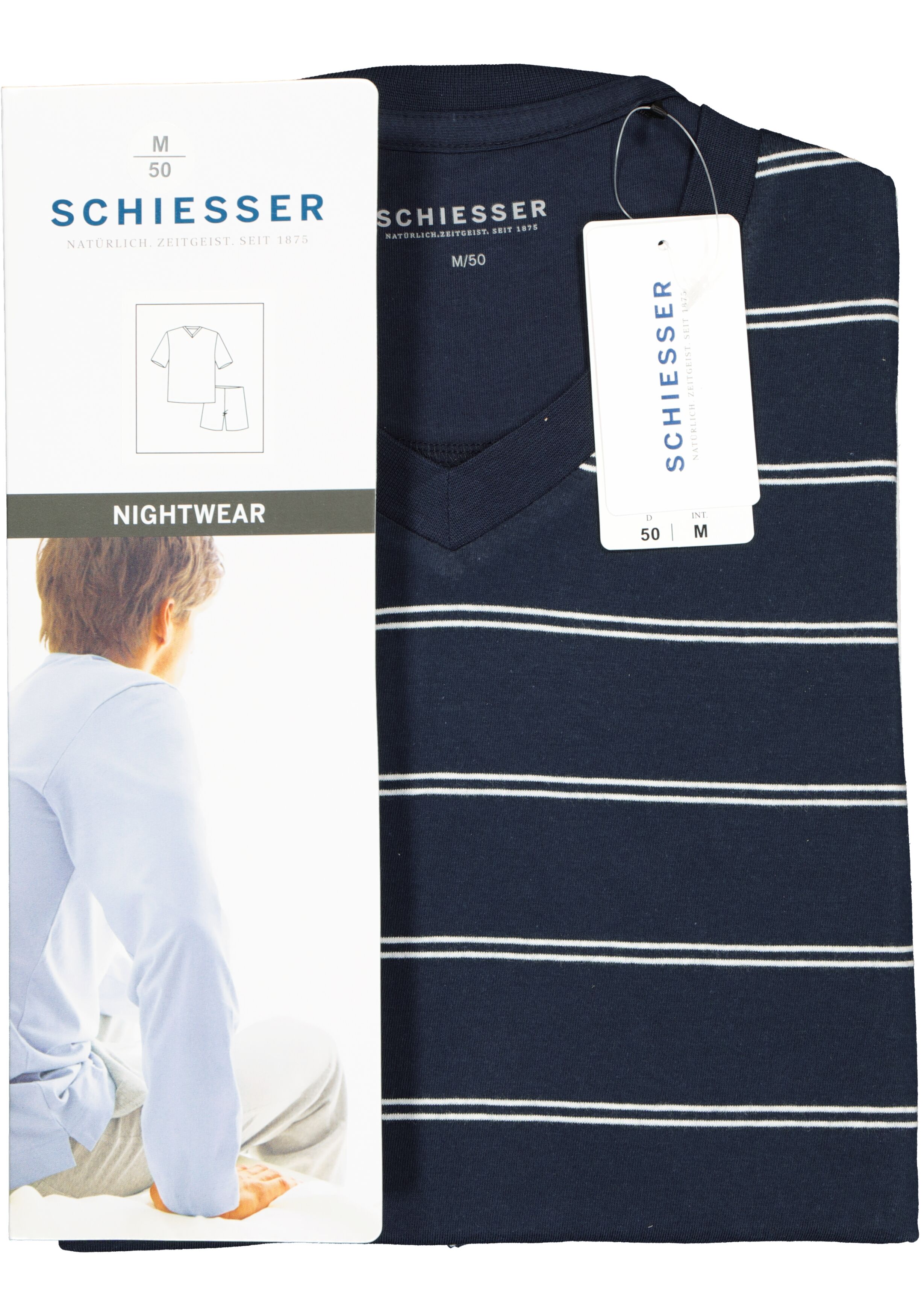 SCHIESSER heren shortama, V-hals, blauw met wit gestreept