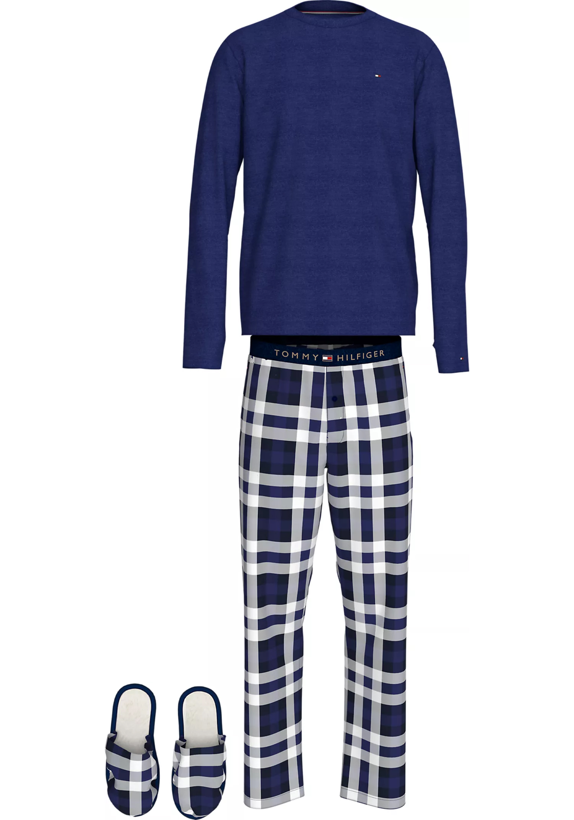 1-8720637922712-UM0UM033740VC-tommy_hilfiger-pyjama_HR Tommy Hilfiger heren pyjama set, blauw shirt en slippers met blauw met wit geruite broek