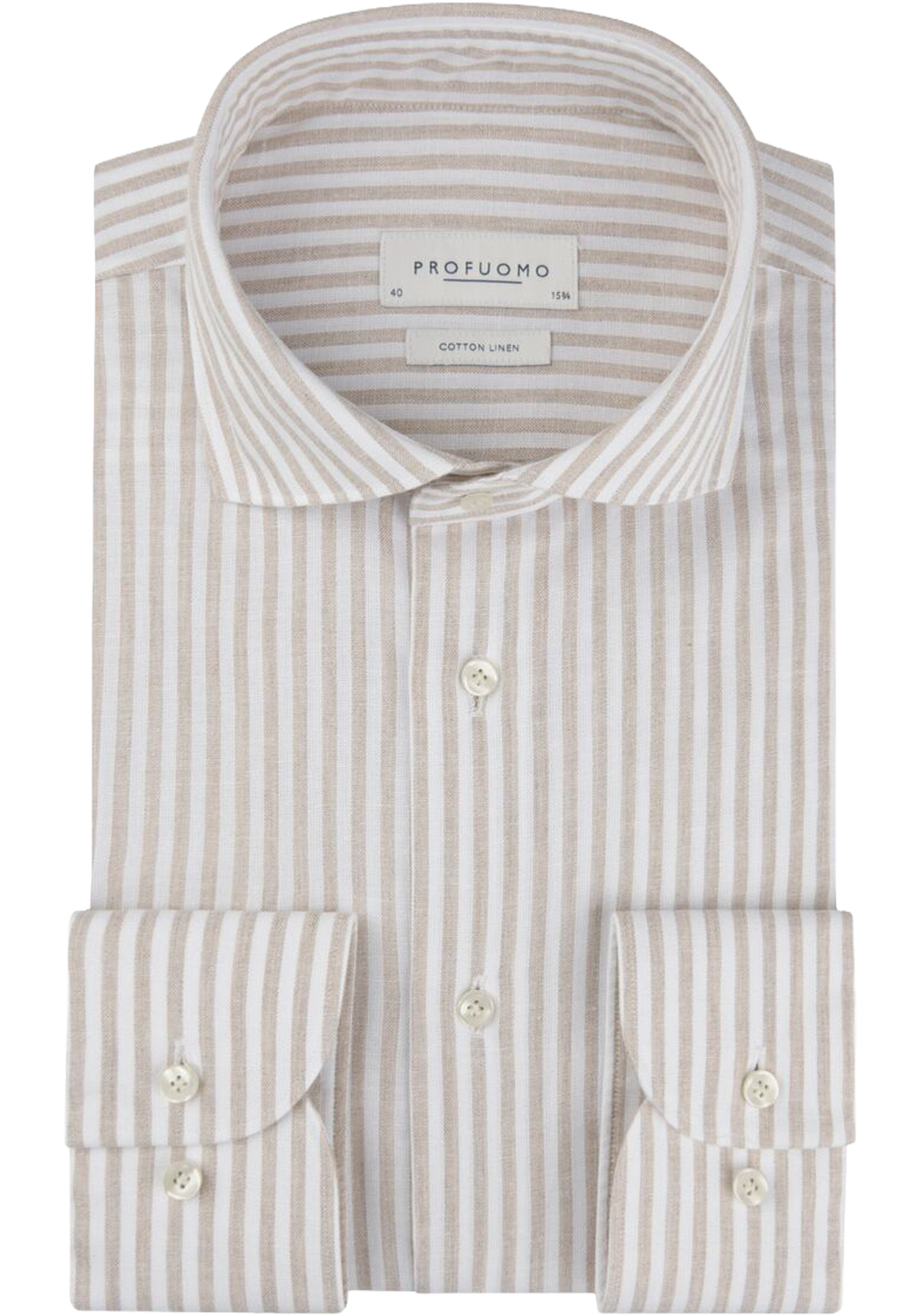 Profuomo slim fit heren overhemd, structuur, beige met wit gestreept