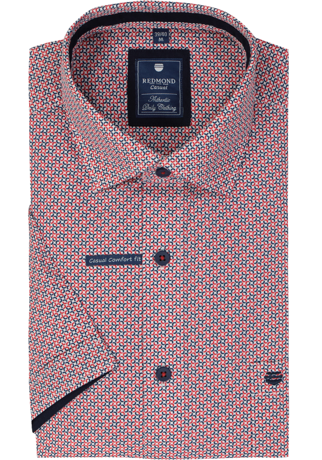 Redmond comfort fit overhemd, korte mouw, popeline, blauw met wit en rood dessin Redmond comfort fit overhemd, korte mouw, popeline, blauw met wit en rood dessin